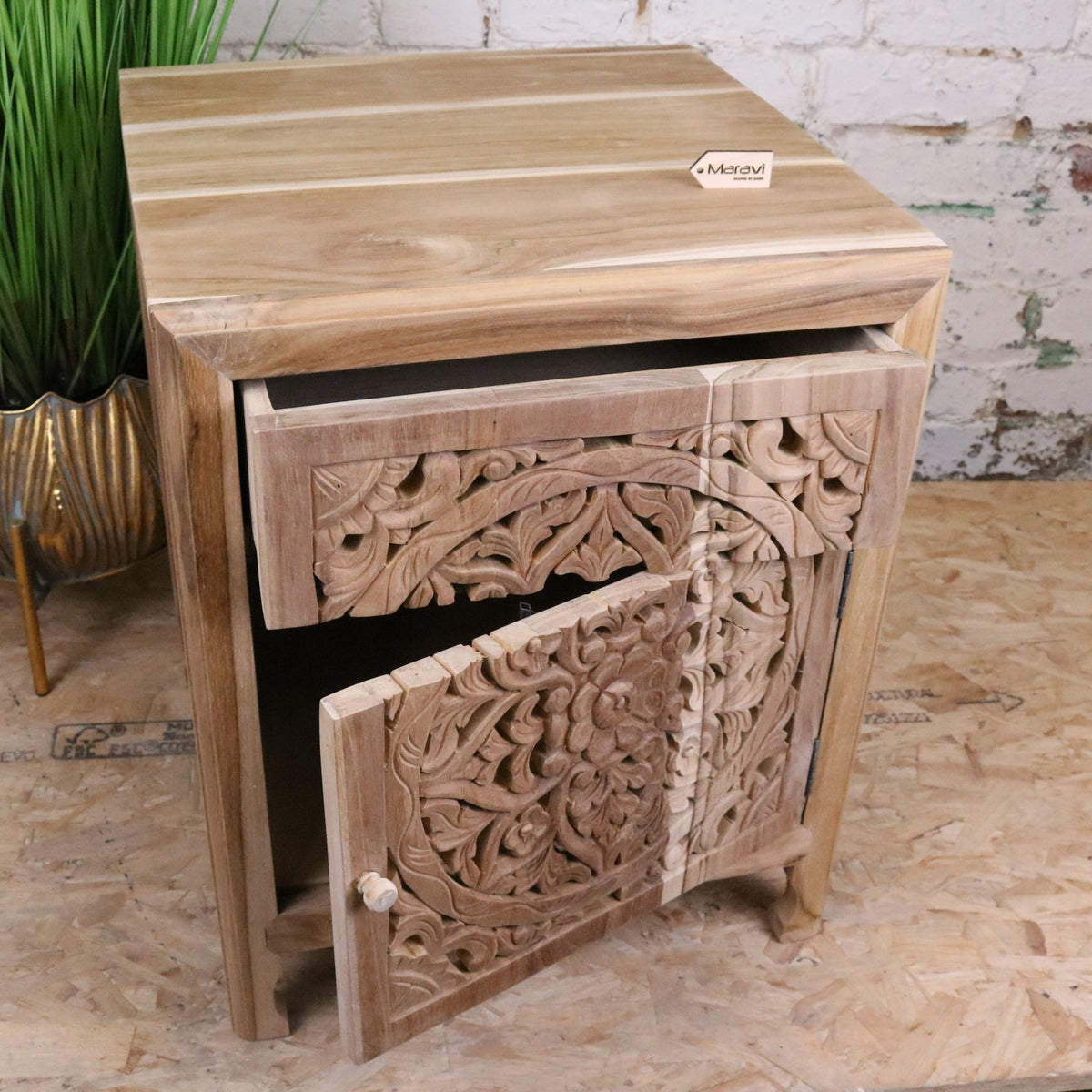 Samira Teak Wooden Bedside Cabinet Right Side Hinges - Front view Drawer and Door Open