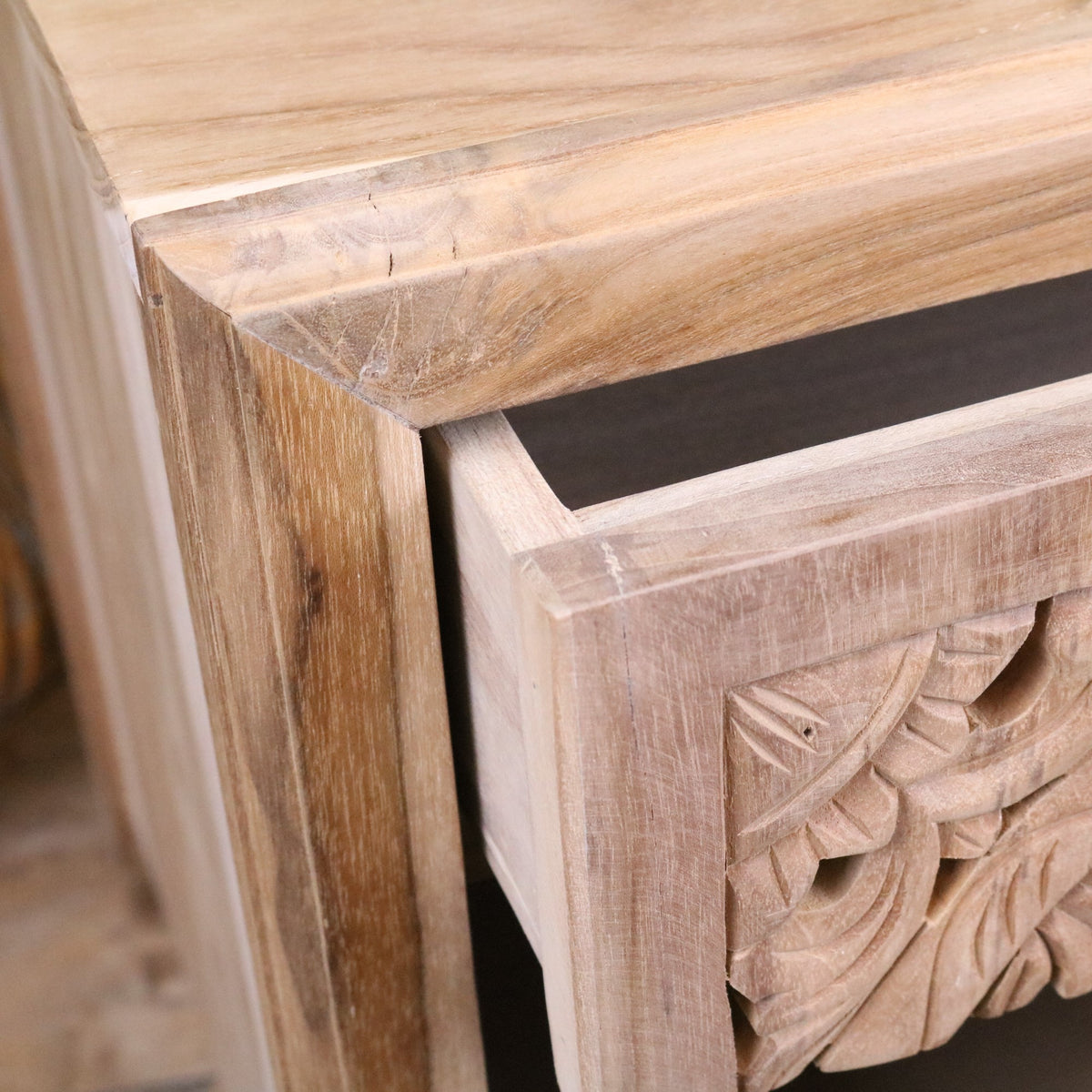 Samira Teak Wooden Bedside Cabinet Right Side Hinges - Closeup of Drawer Corner