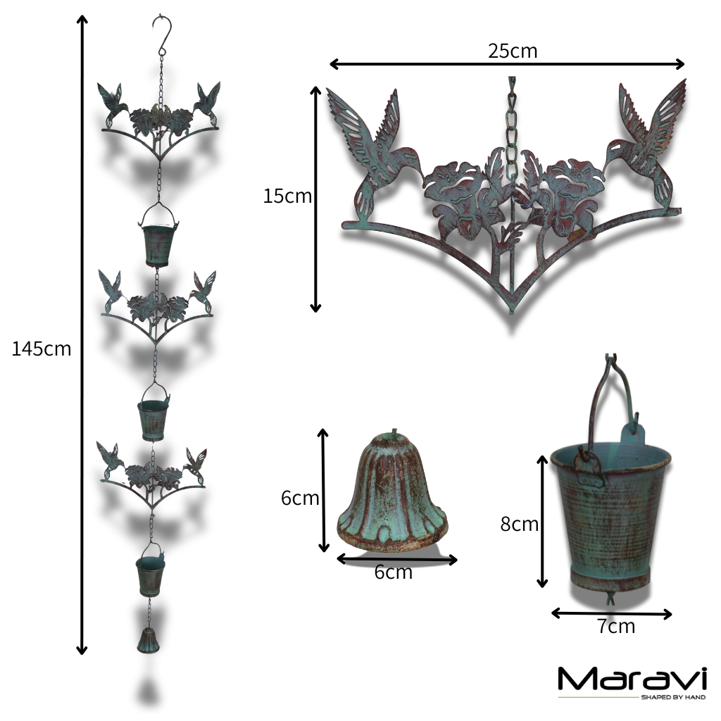 Sarika Birds Rain Chain with Bell Rustic Green - Dimensions