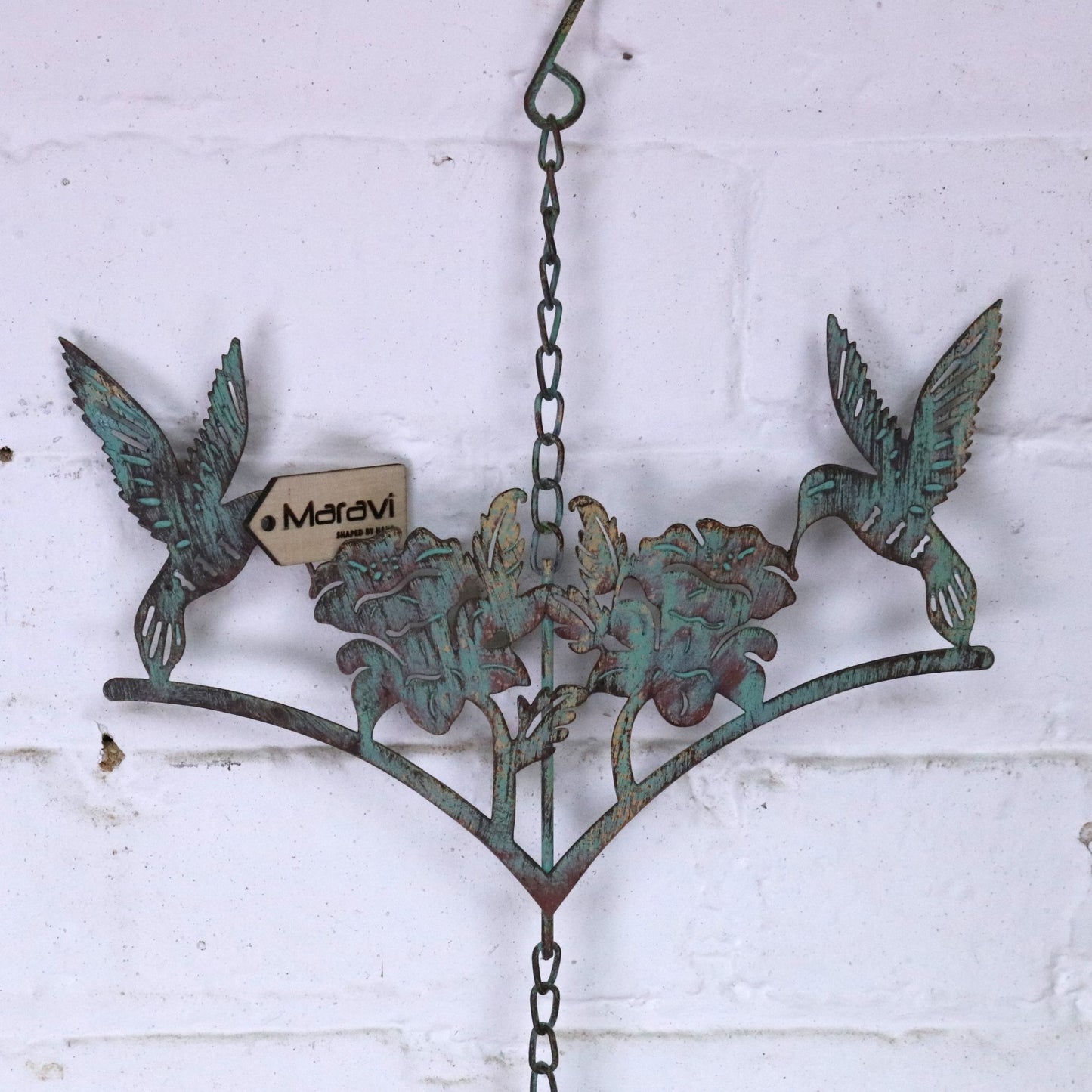 Sarika Birds Rain Chain with Bell Rustic Green - Closeup of Bird Motif