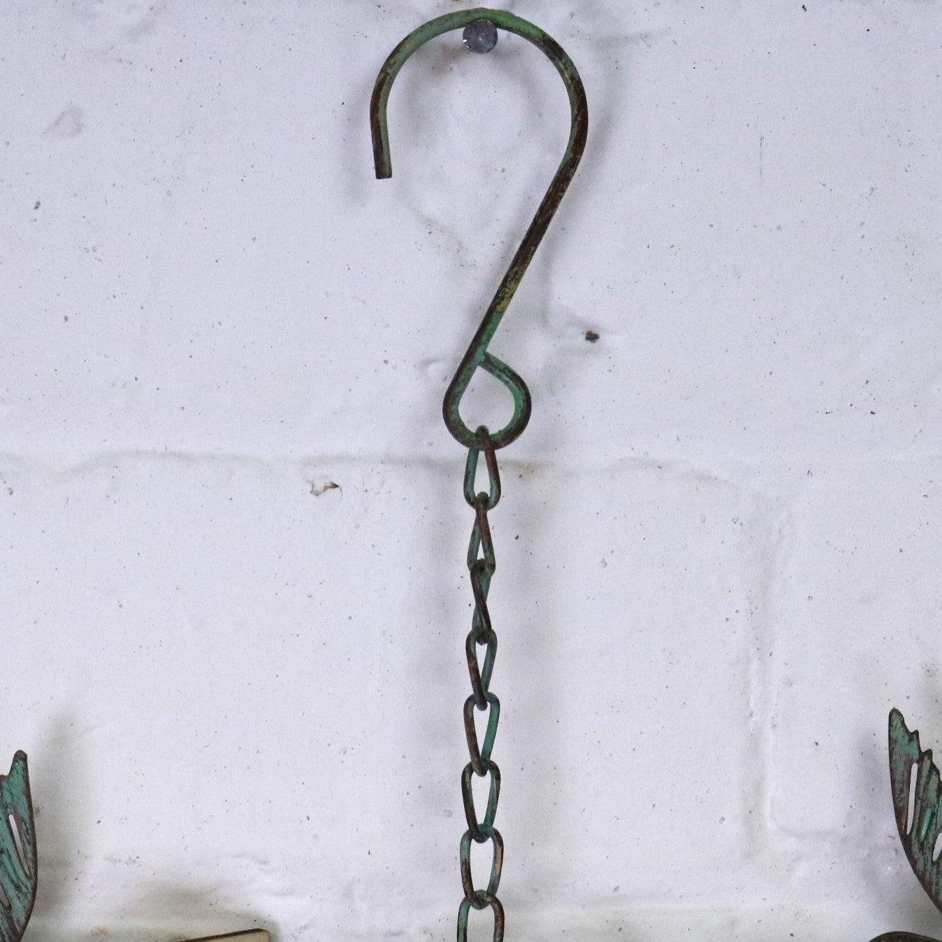 Sarika Birds Rain Chain with Bell Rustic Green - Closeup of Hook