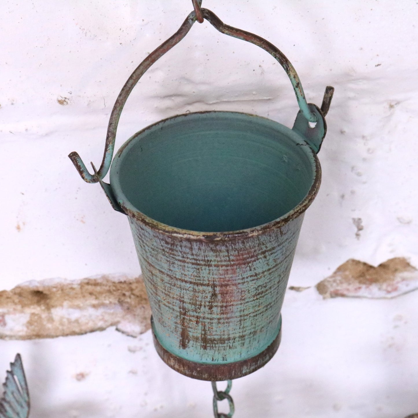 Sarika Birds Rain Chain with Bell Rustic Green - Closeup of Bucket