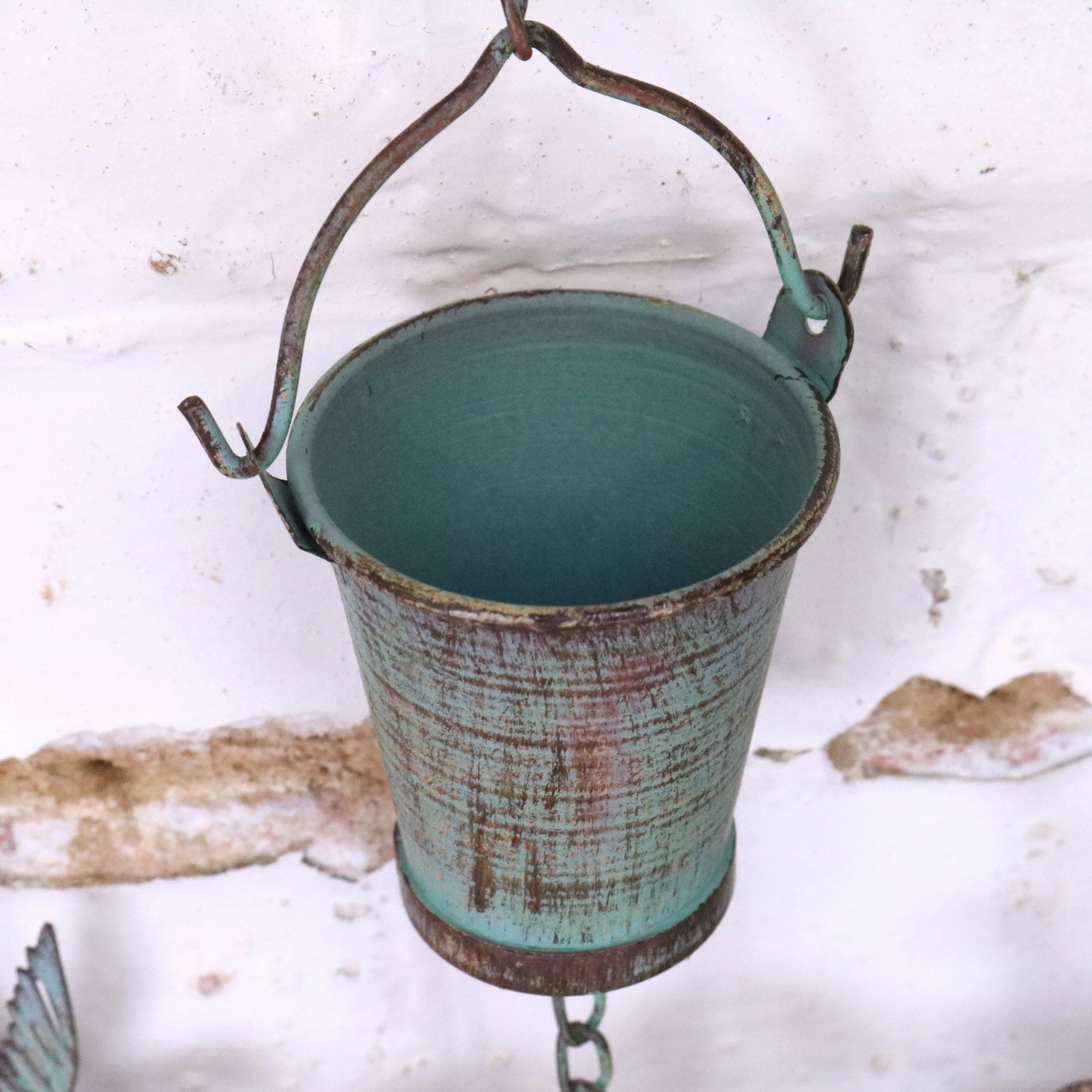 Sarika Birds Rain Chain with Bell Rustic Green - Closeup of Bucket
