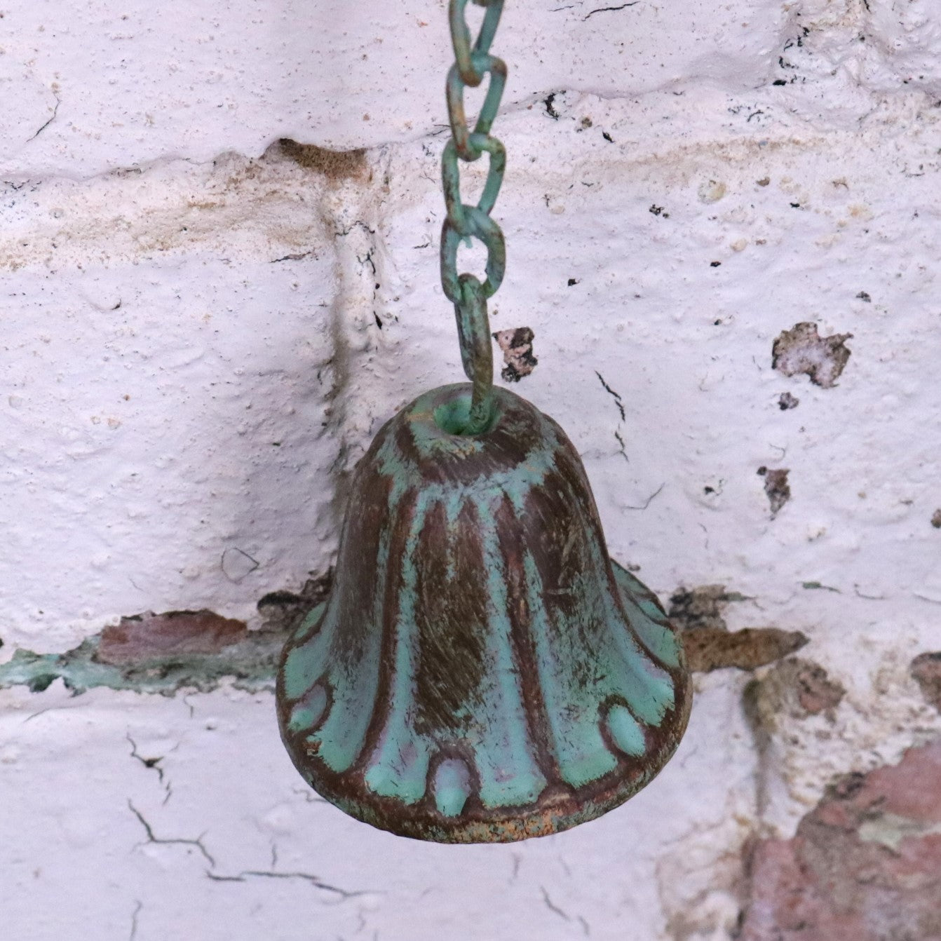 Sarika Birds Rain Chain with Bell Rustic Green - Closeup of Bell