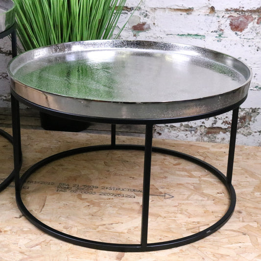 Savani Large Round Metal Coffee Table Set Distressed Silver - Closeup of Small Table