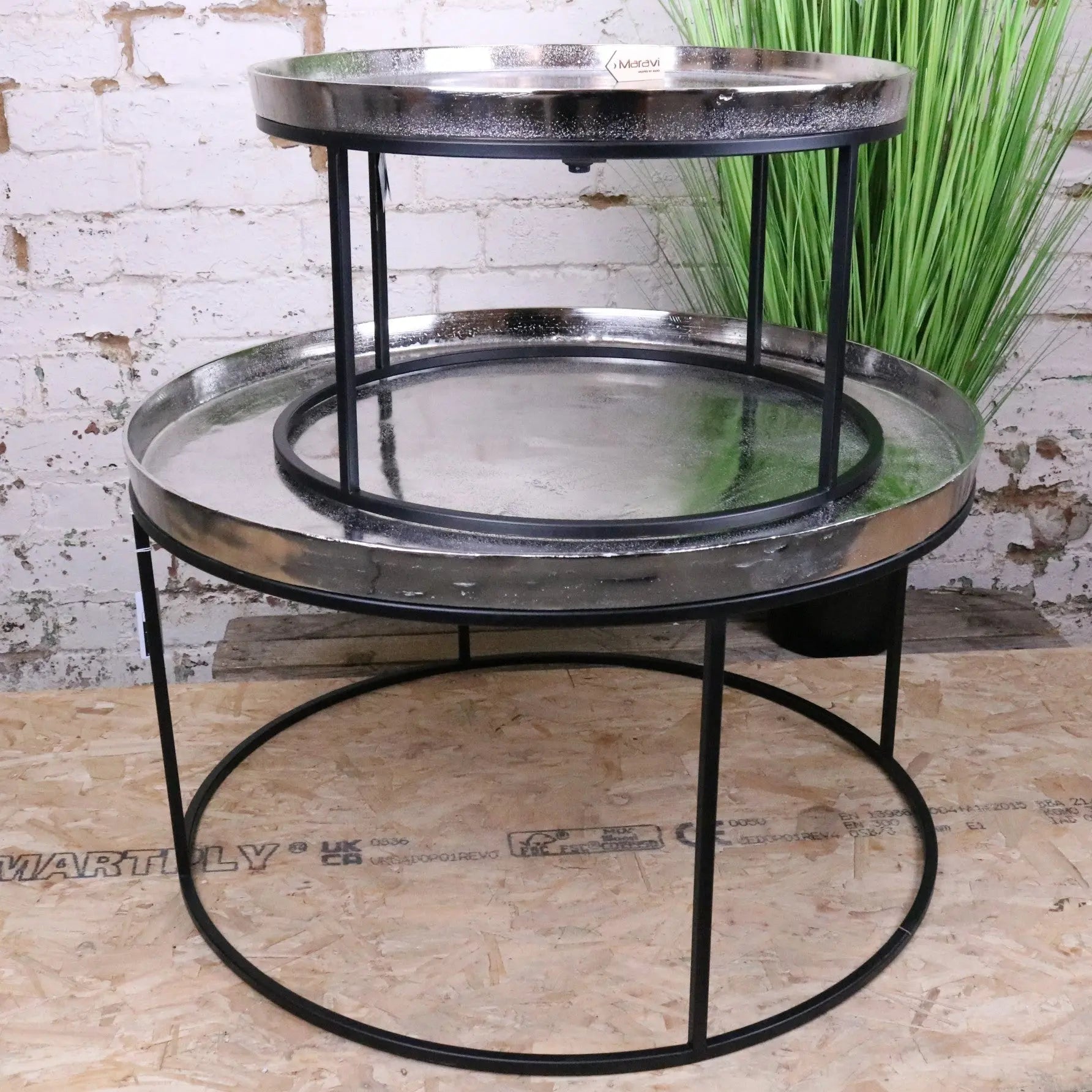 Savani Large Round Metal Table Set Distressed Silver - Tables Stacked