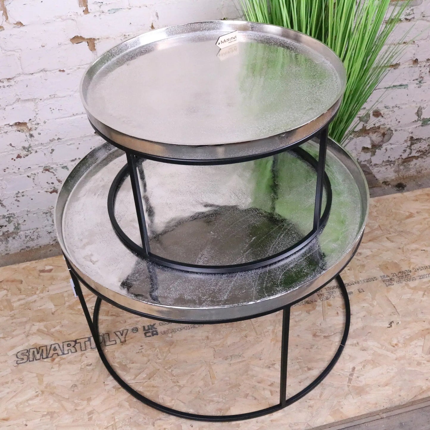 Savani Large Round Metal Table Set Distressed Silver - Stacked Tables Angled View