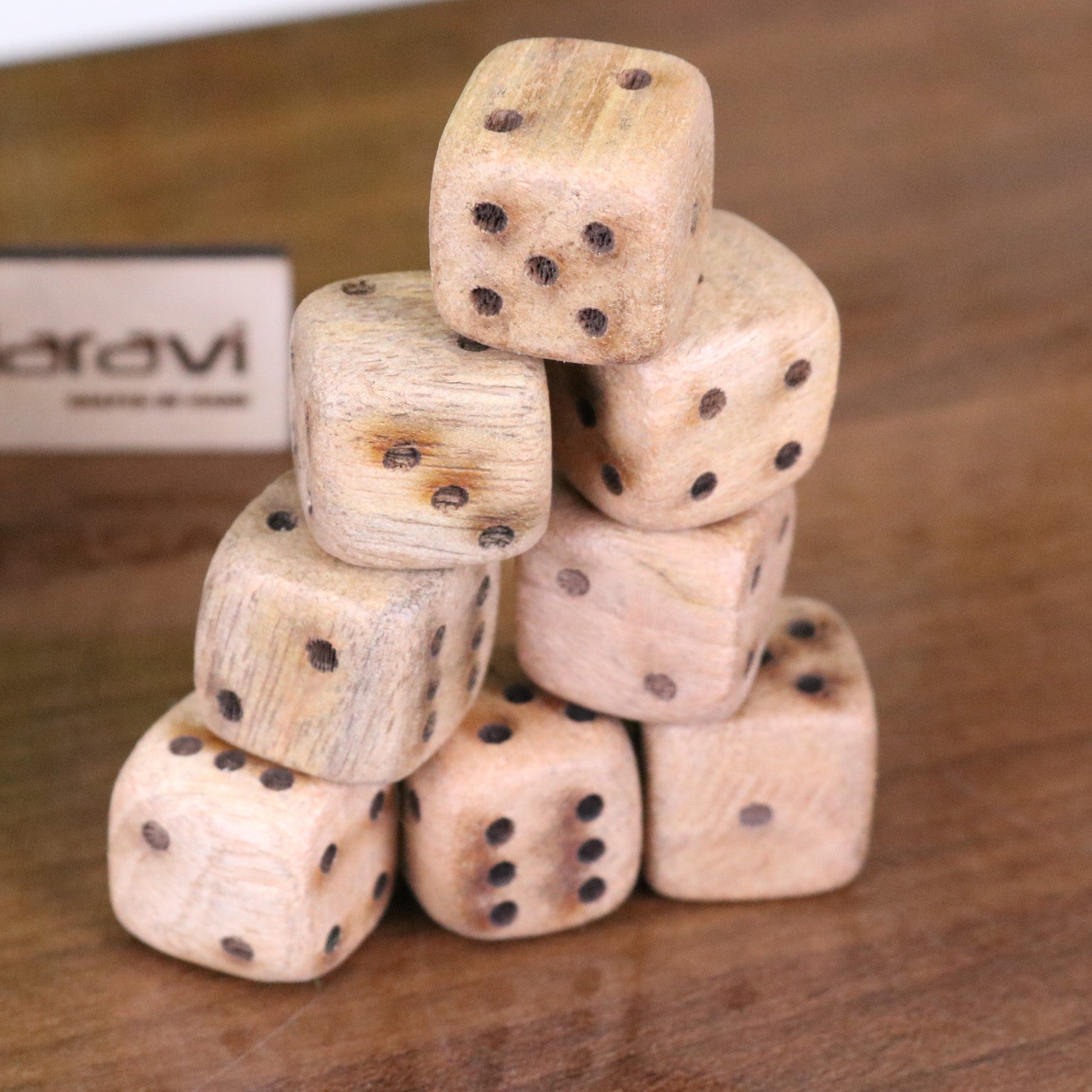 Selora Wooden Dice Set with Holder - Closeup of Dice