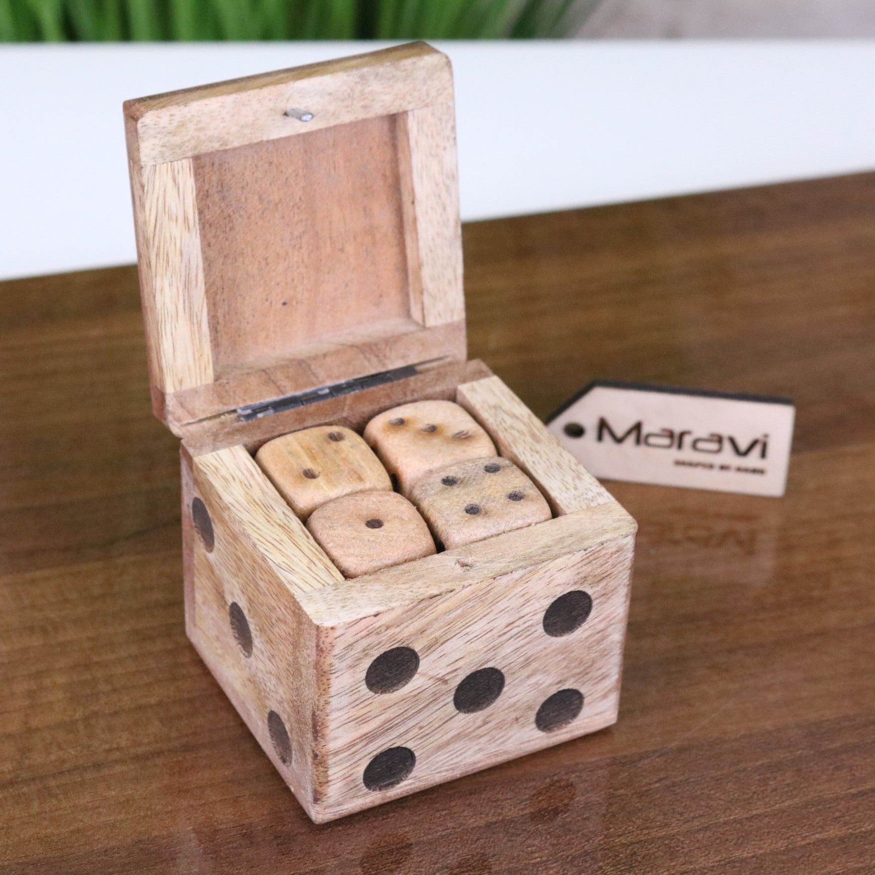Selora Wooden Dice Set with Holder - Holder Open with Dice Showing
