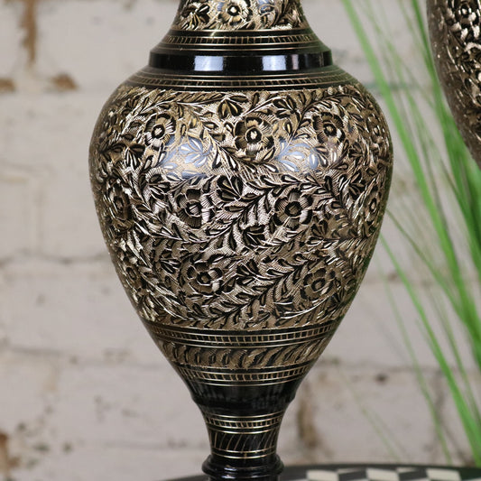 Set of 2 Black Etched Brass Vases 40cm and 50cm - Closeup of 40cm Vase Mid Section