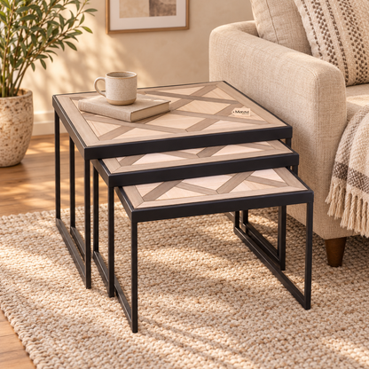 Set of 3 Square Tables with Parquet Inlay Design - Lifestyle Image