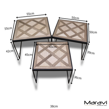 Set of 3 Square Tables with Parquet Inlay Design - Dimensions