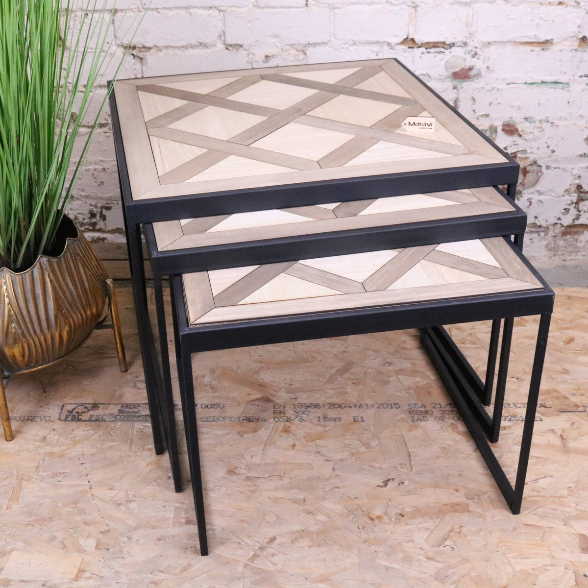 Set of 3 Square Tables with Parquet Inlay Design - Main Image