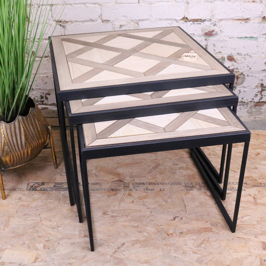 Set of 3 Square Tables with Parquet Inlay Design - Main Image