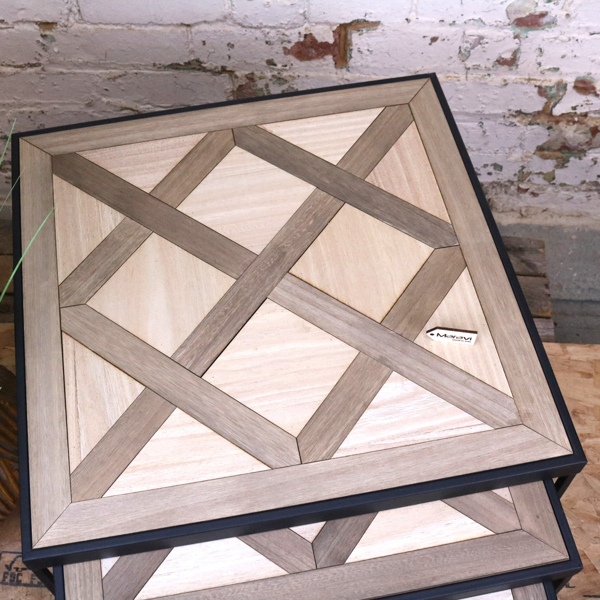 Set of 3 Square Tables with Parquet Inlay Design - Top View