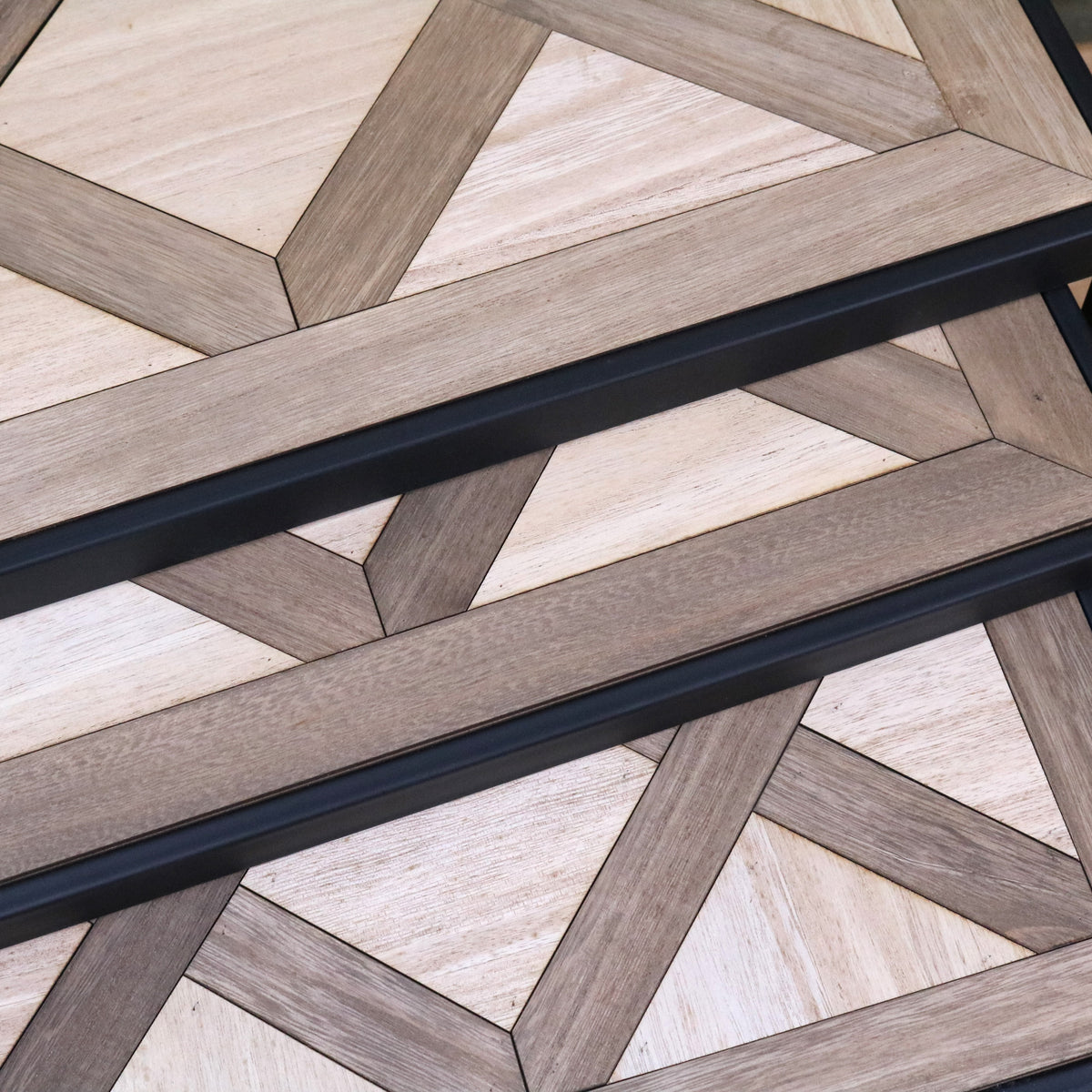 Set of 3 Square Tables with Parquet Inlay Design - Closeup of Table Edges