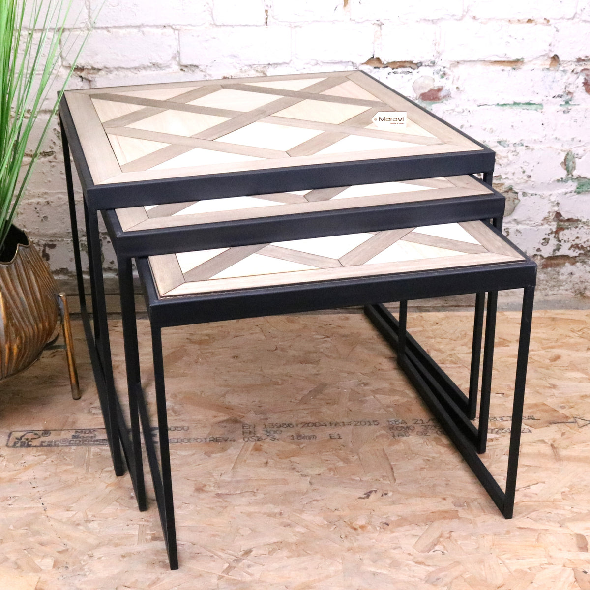 Set of 3 Square Tables with Parquet Inlay Design - Front View