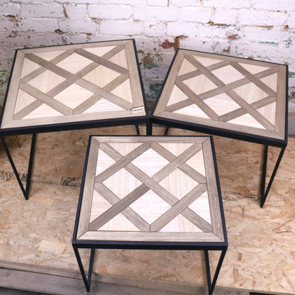 Set of 3 Square Tables with Parquet Inlay Design - Tables Separated 