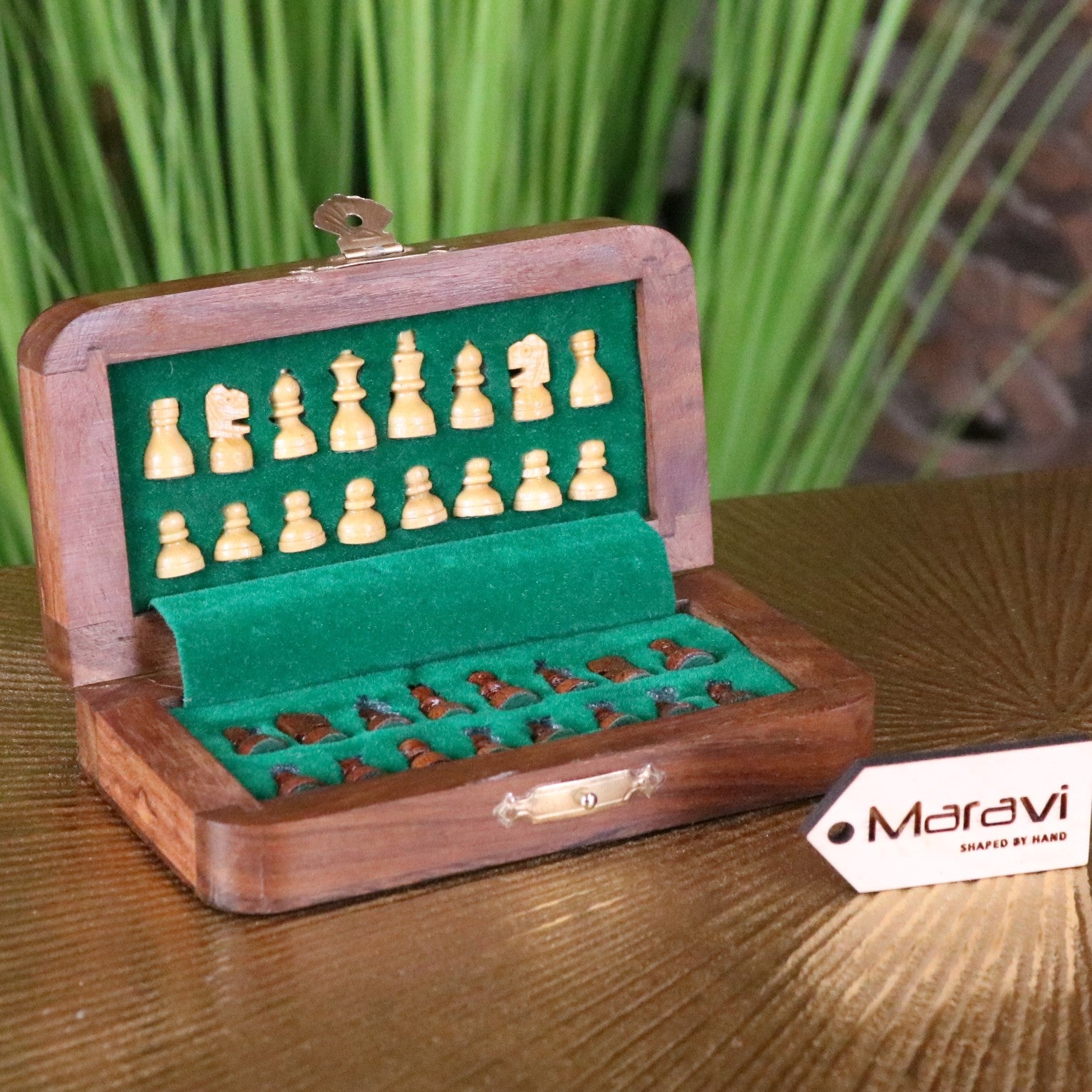 Shatranj Folding Wooden Chess Set 14cm - Showing Storage Area