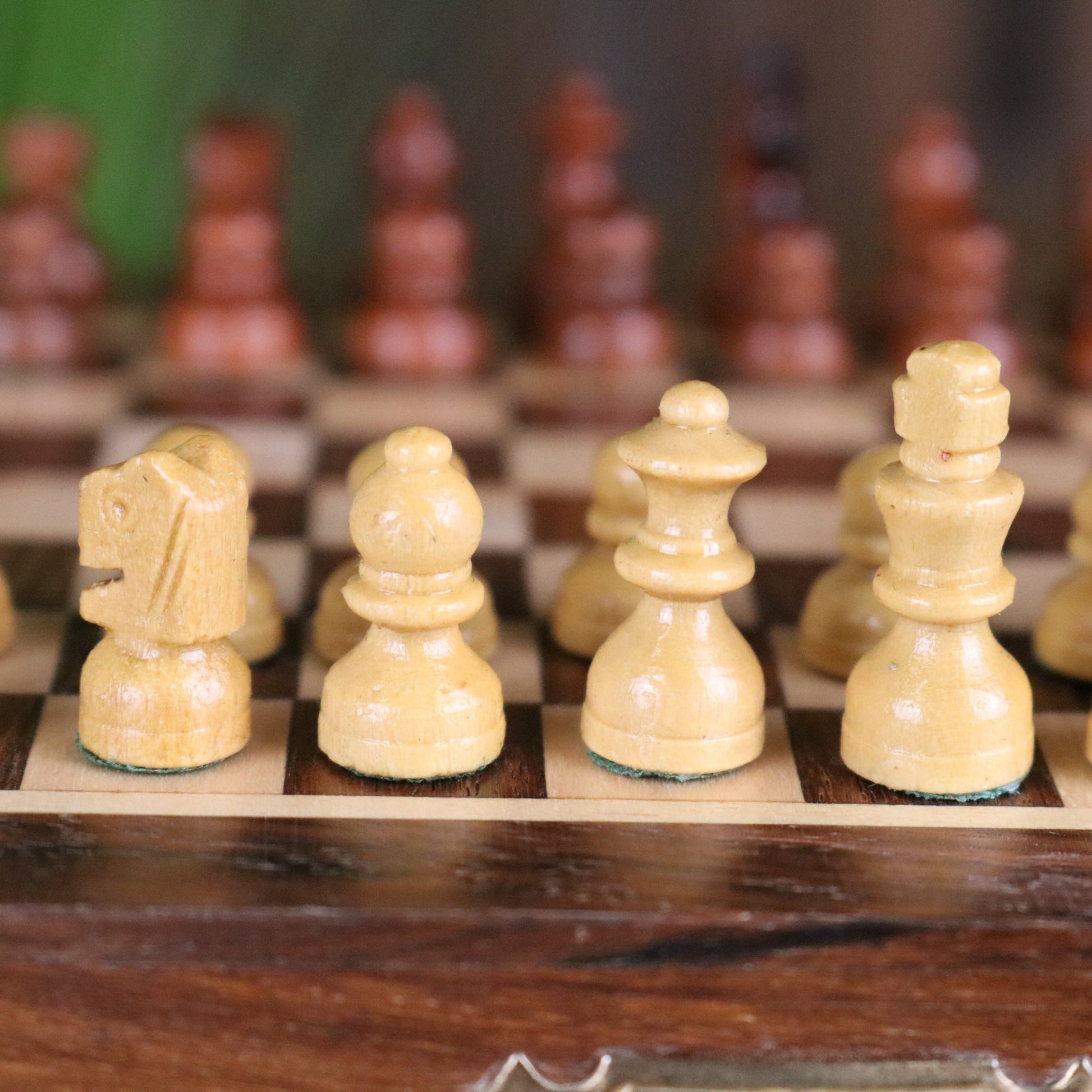 Shatranj Folding Wooden Chess Set 14cm - Closeup of White Pieces