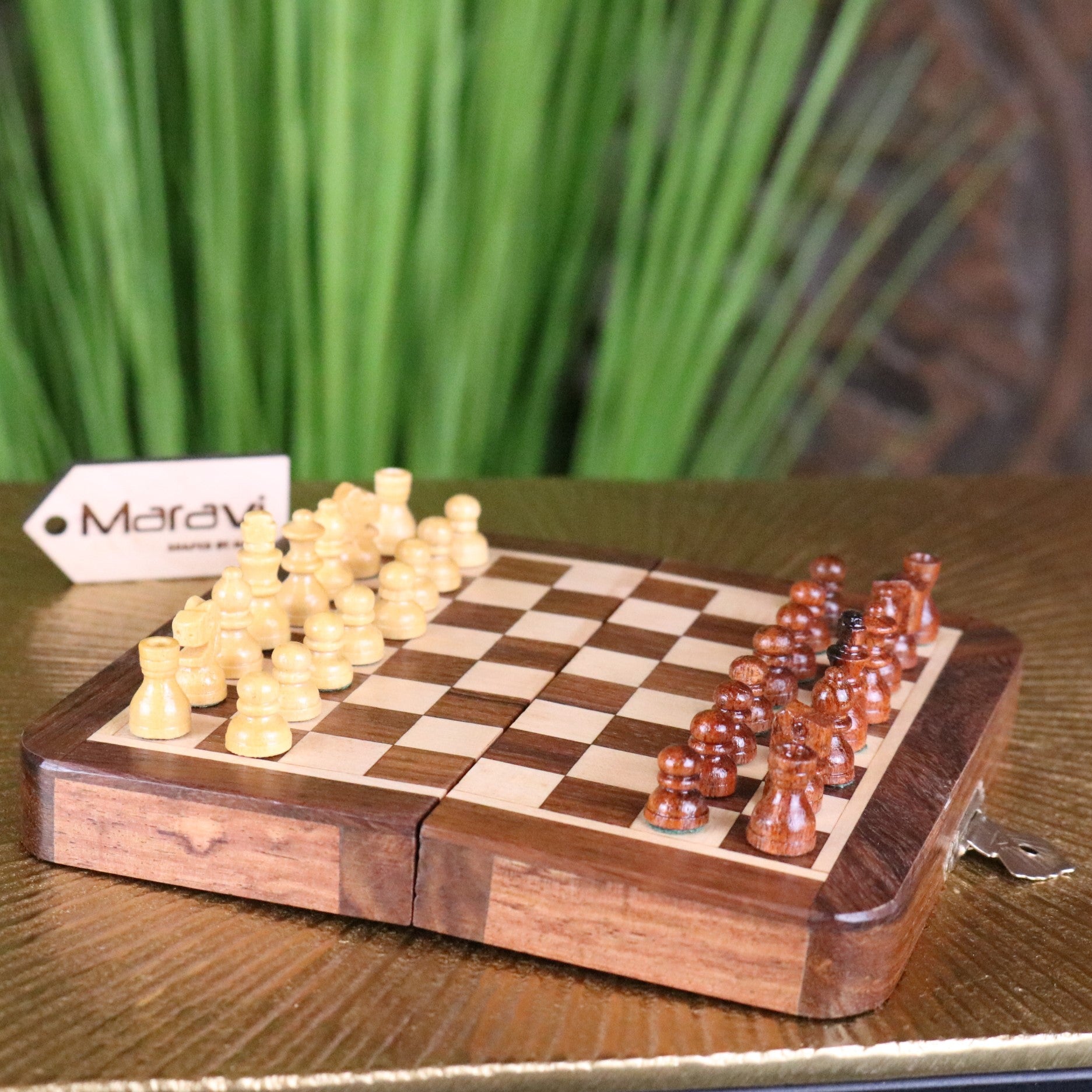 Shatranj Folding Wooden Chess Set 14cm - Side View