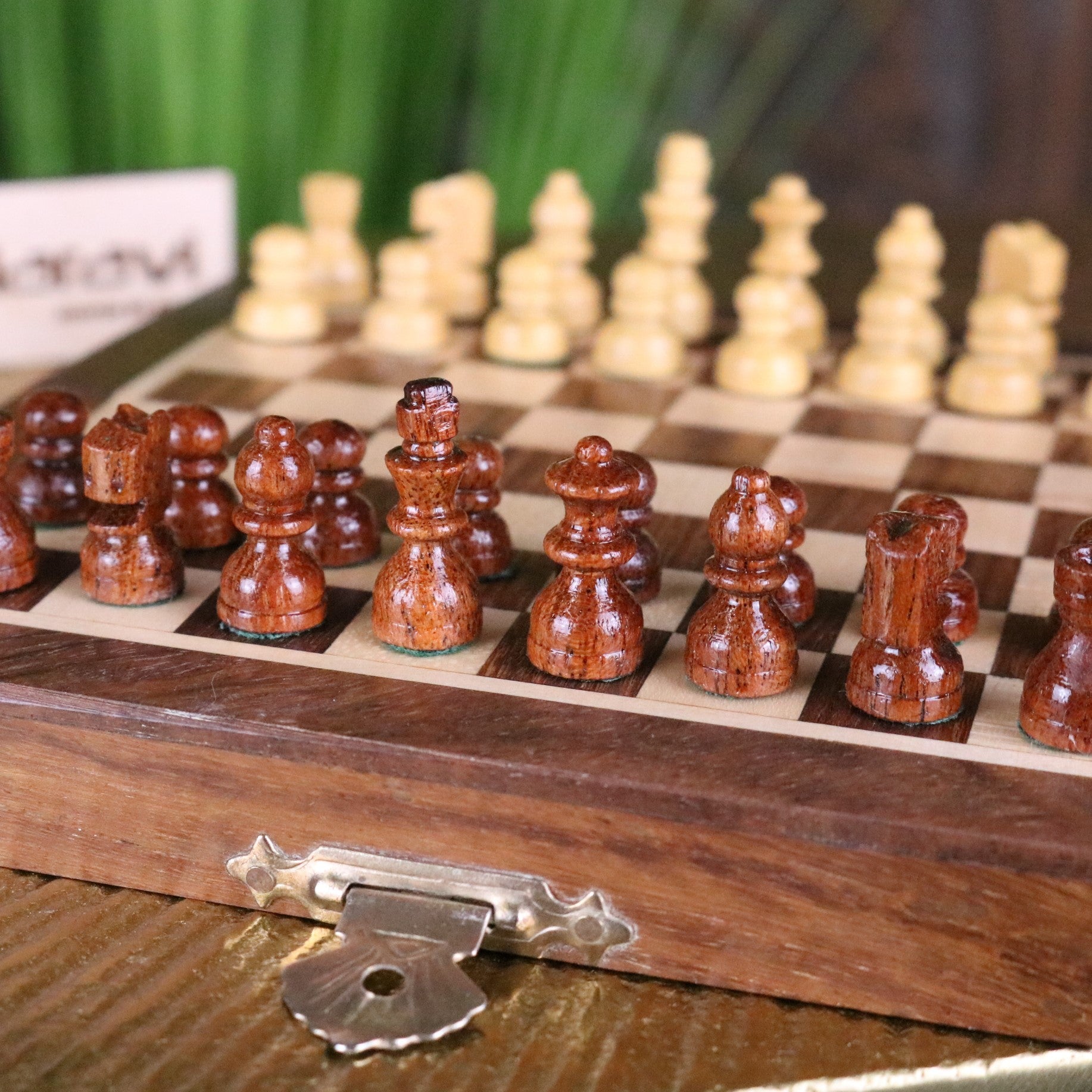 Shatranj Folding Wooden Chess Set 14cm - Closeup of Black Pieces