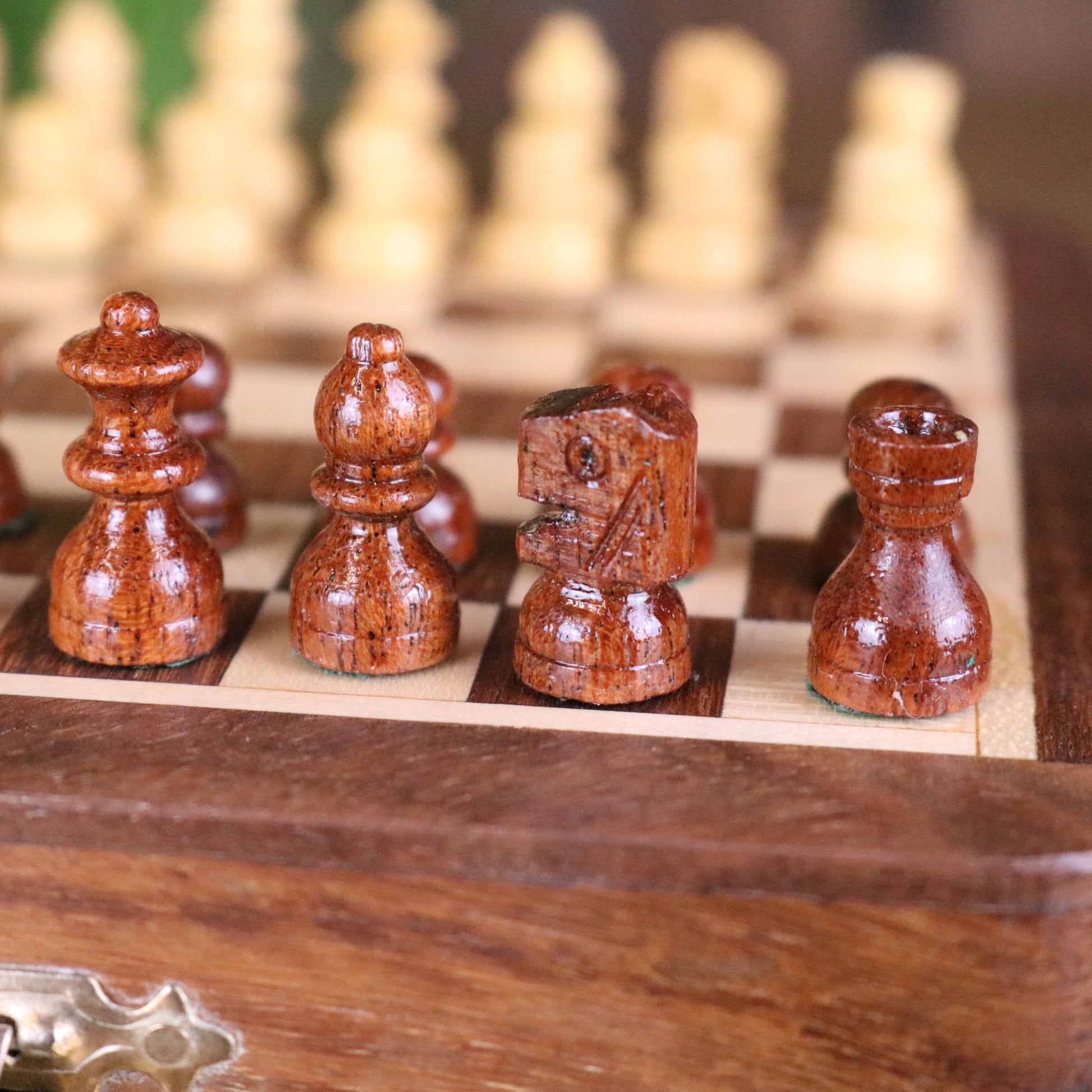 Shatranj Folding Wooden Chess Set 14cm - Closeup of Details on Knight Piece