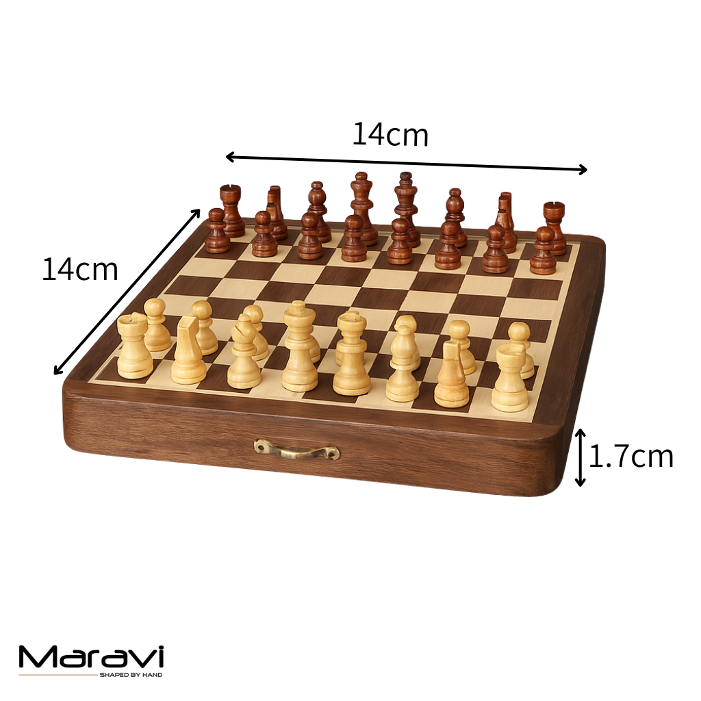 Shatranj Folding Wooden Chess Set 14cm - Dimensions Diagram