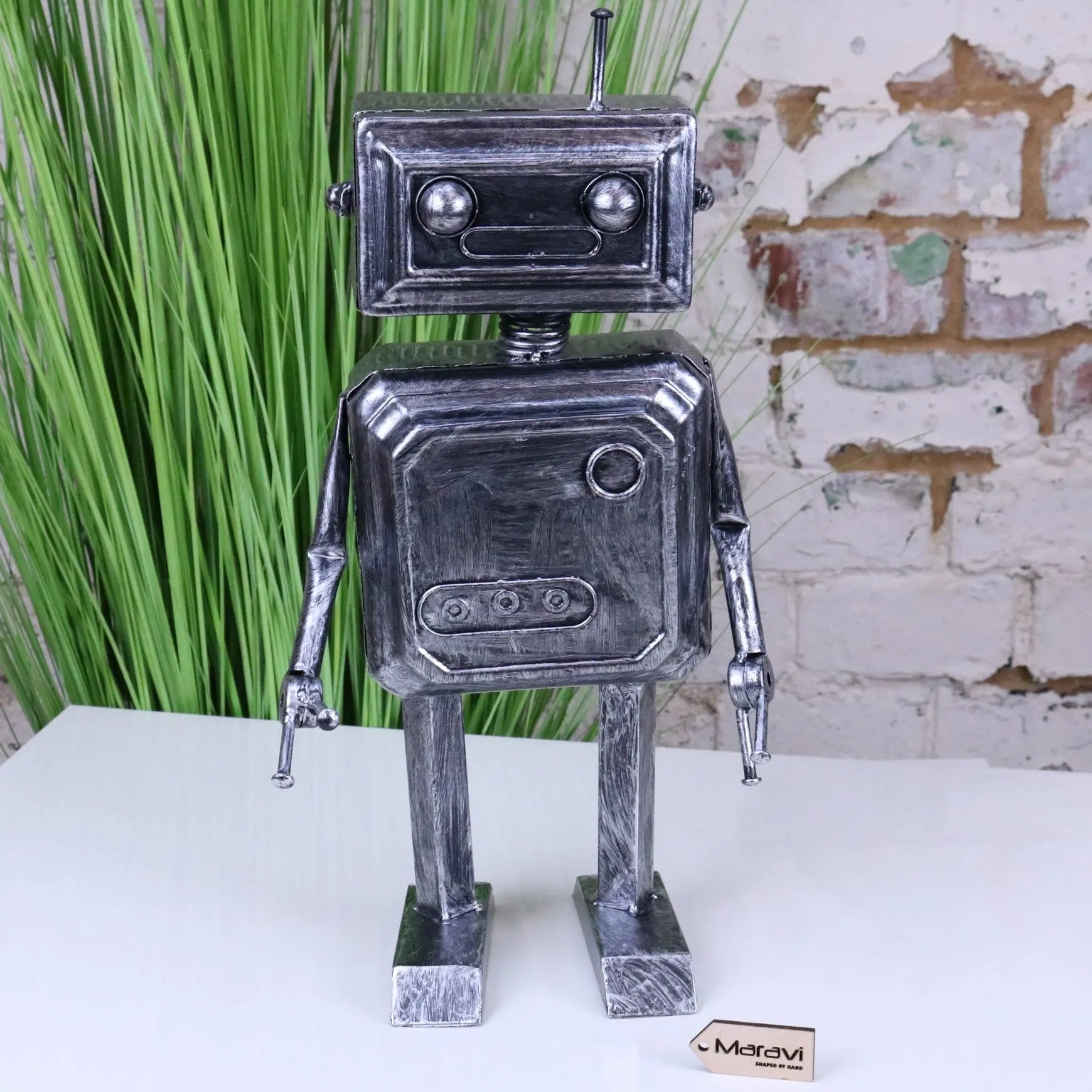 Silver Robot Ornament Springy Rectangular Bobble Head - Maravi
