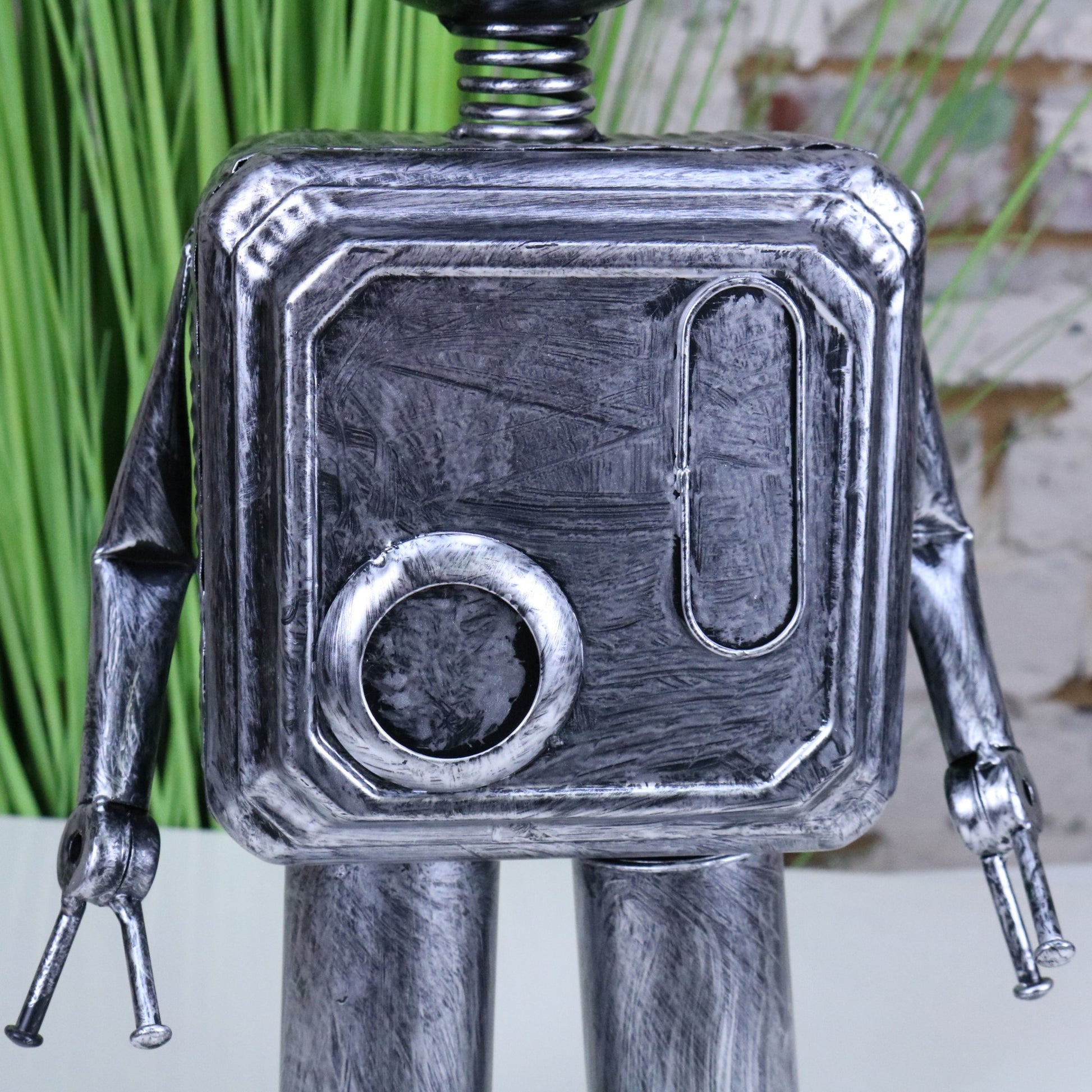 Silver Robot Ornament Springy Round Bobble Head - Closeup of Body