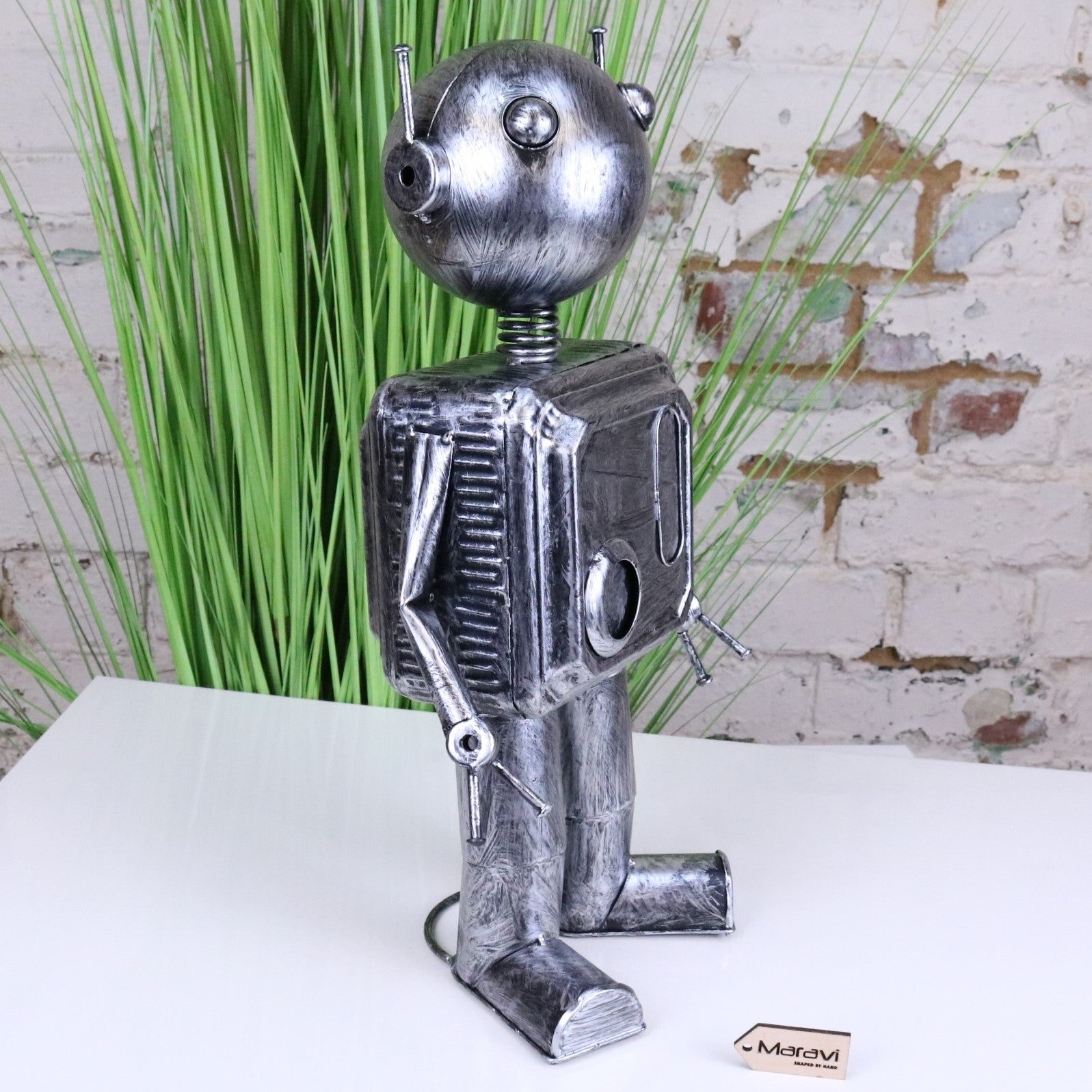Silver Robot Ornament Springy Round Bobble Head - Side View