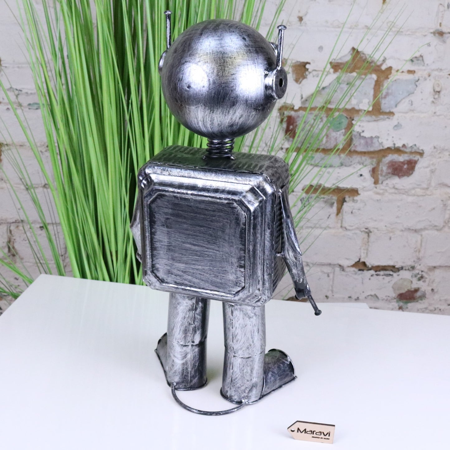 Silver Robot Ornament Springy Round Bobble Head - Rear View