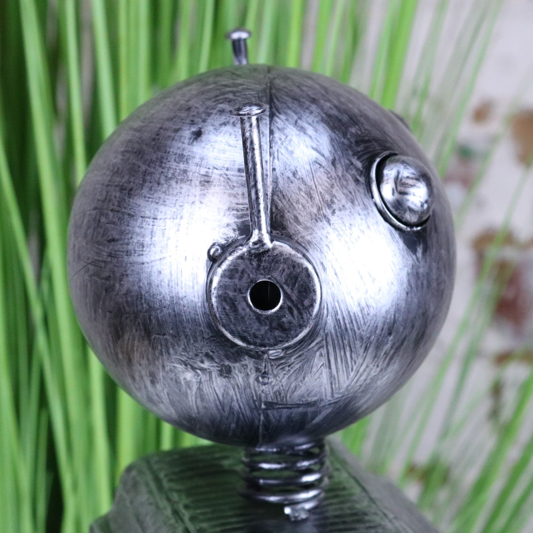 Silver Robot Ornament Springy Round Bobble Head - Closeup of Antenna