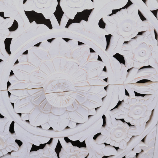 Sohani Wooden Carved Bedside Table Cabinet Distressed White - Closeup of Central Flower Carving