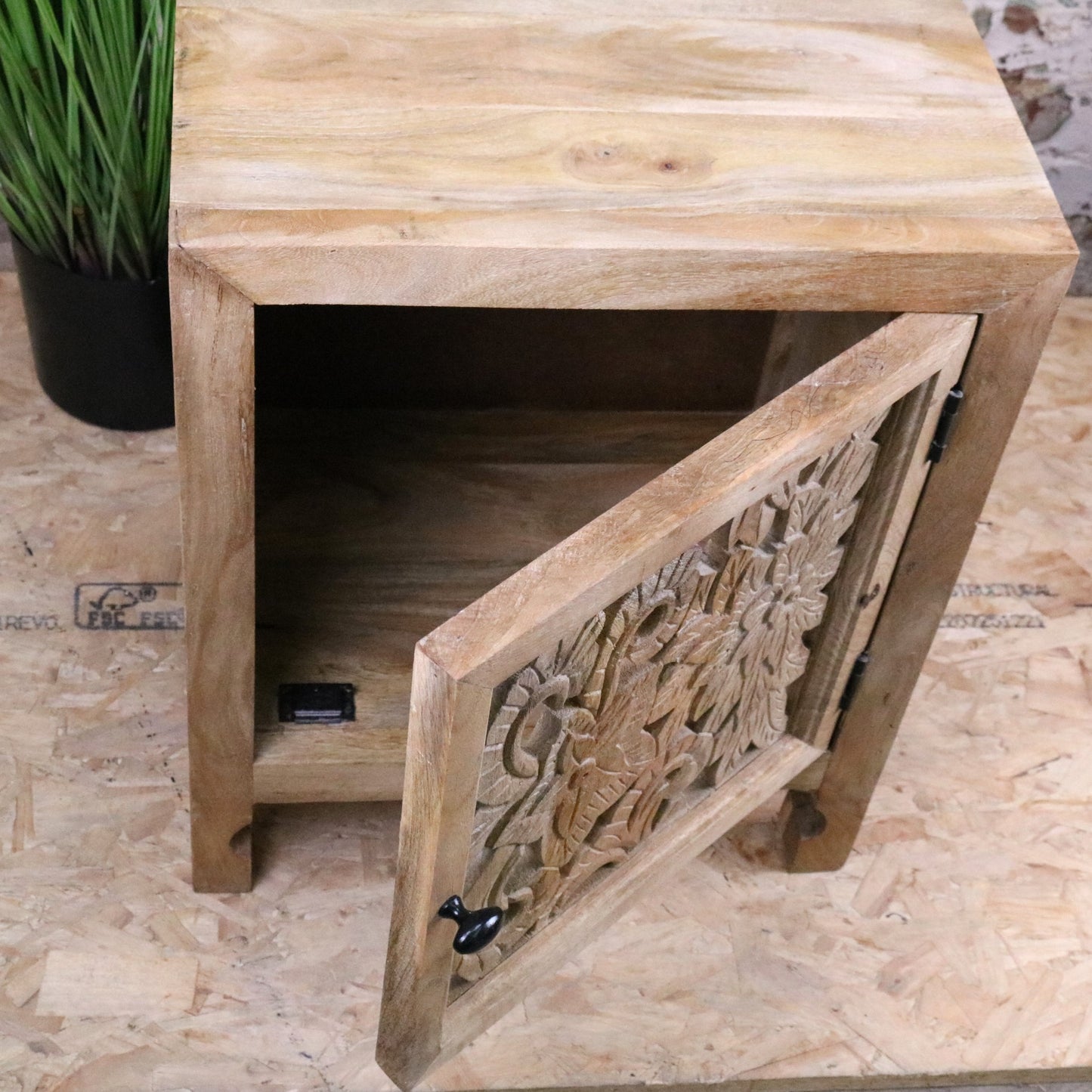 Somira Mango Wood Bedside Cabinet - Door Open
