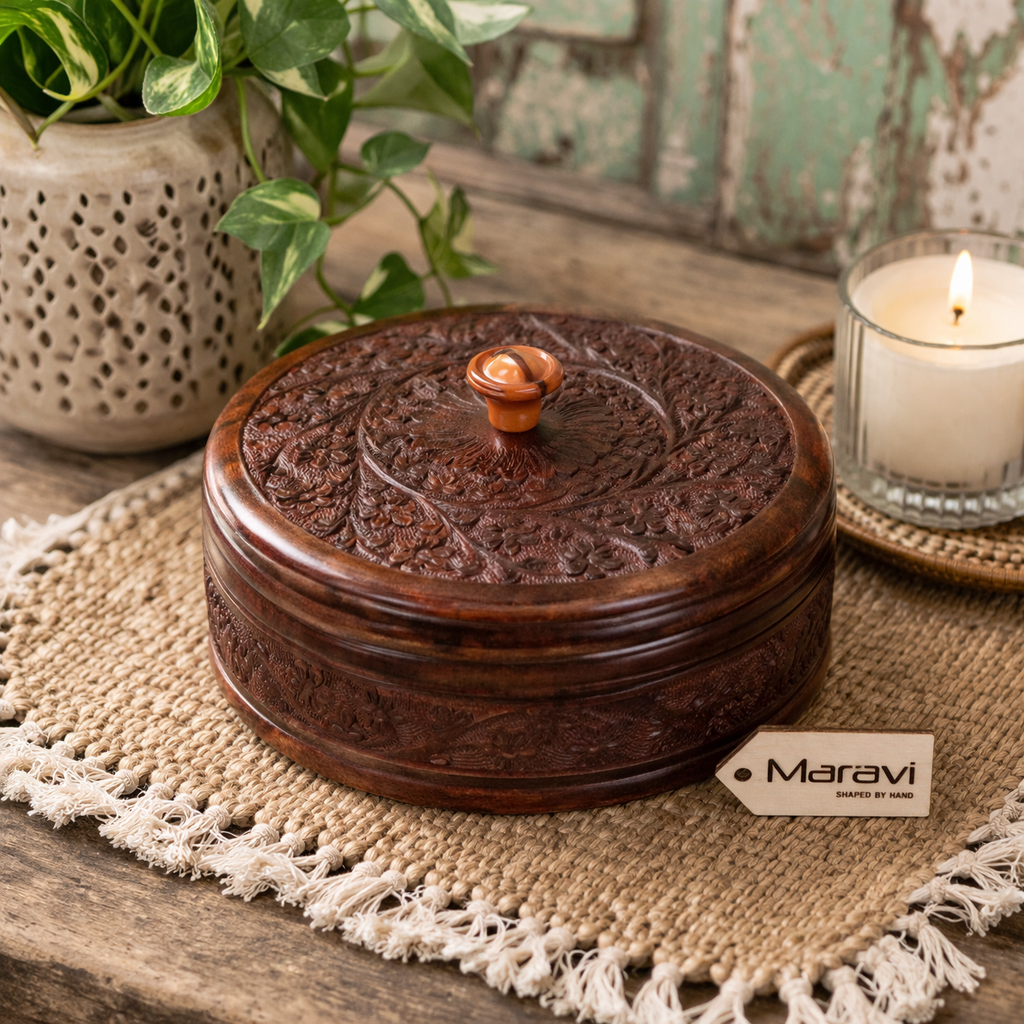 Sorina Round Wooden Storage Box with Lid 20cm - Lifestyle Image