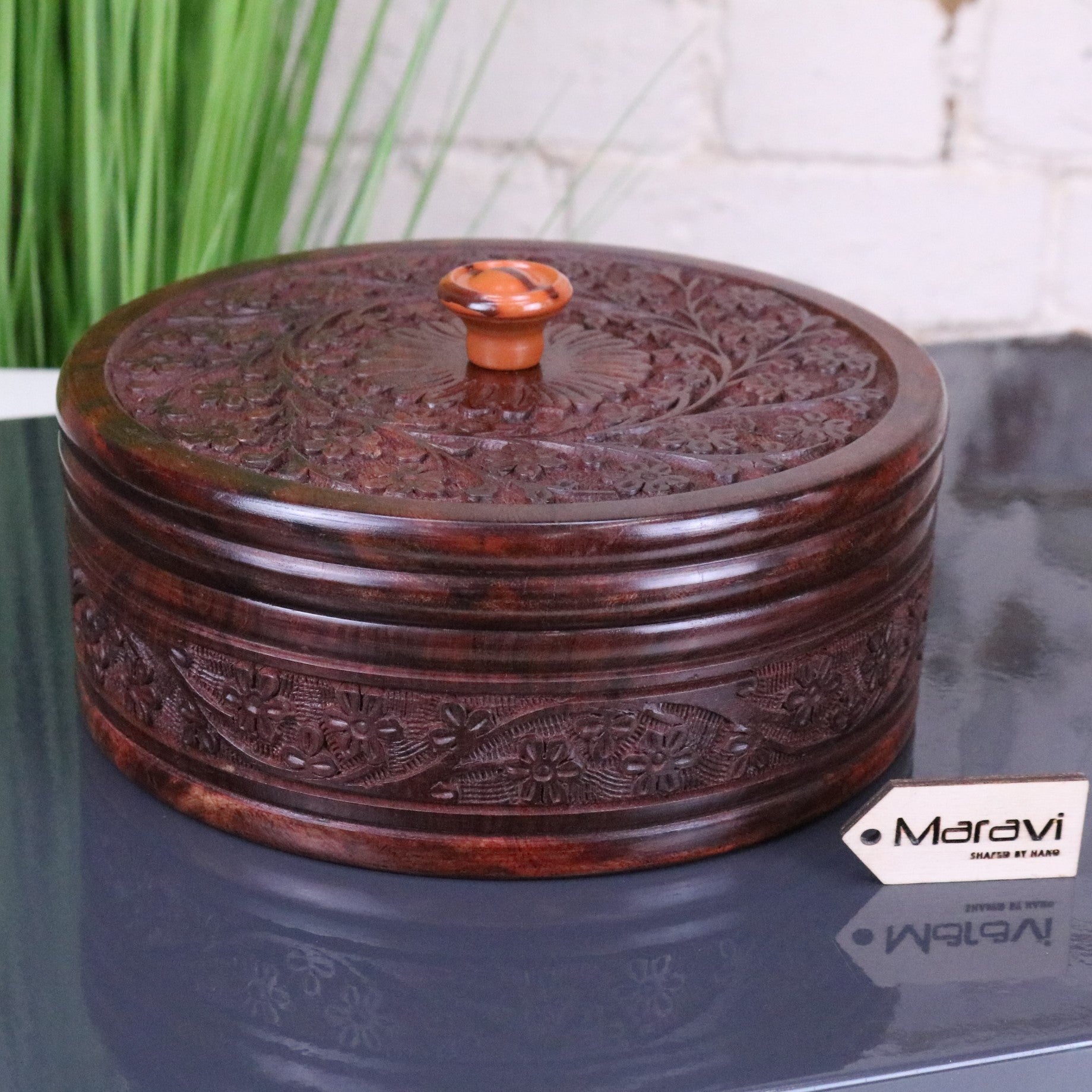 Sorina Round Wooden Storage Box with Lid 20cm - Front View