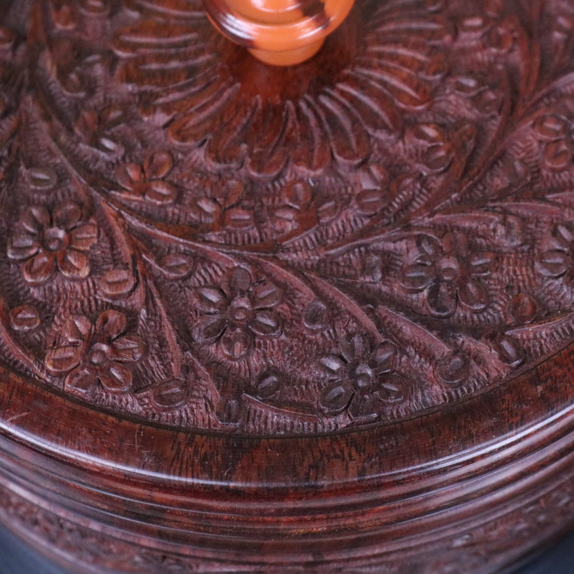 Sorina Round Wooden Storage Box with Lid 20cm - Closeup of Carving Detail on Lid