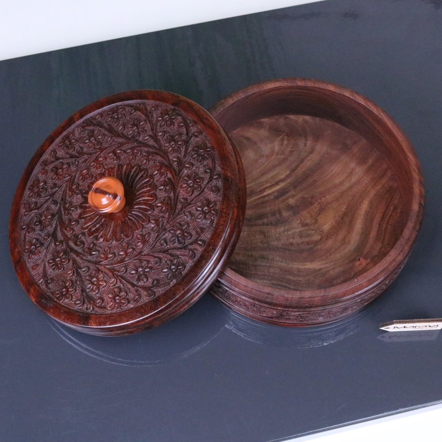 Sorina Round Wooden Storage Box with Lid 20cm - Top View Lid Open