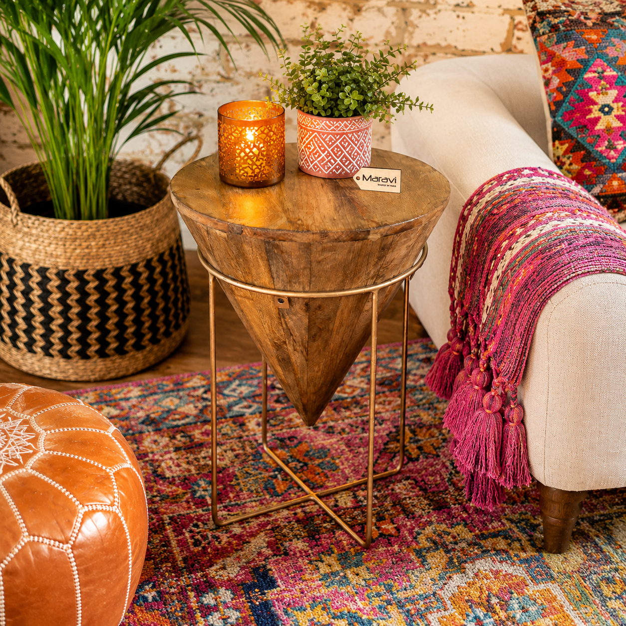 Tamia Wooden Cone Unique Side Table - Lifestyle Image
