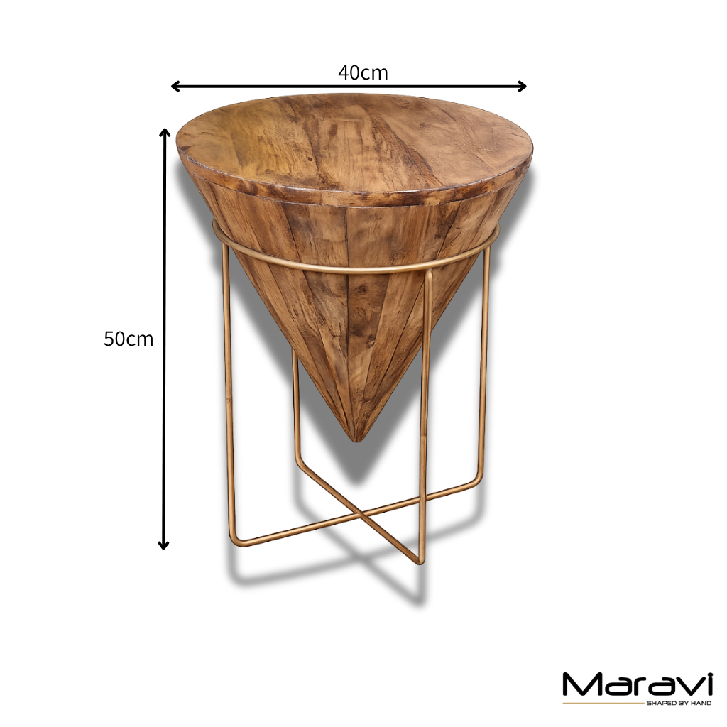Tamia Wooden Cone Unique Side Table - Dimensions