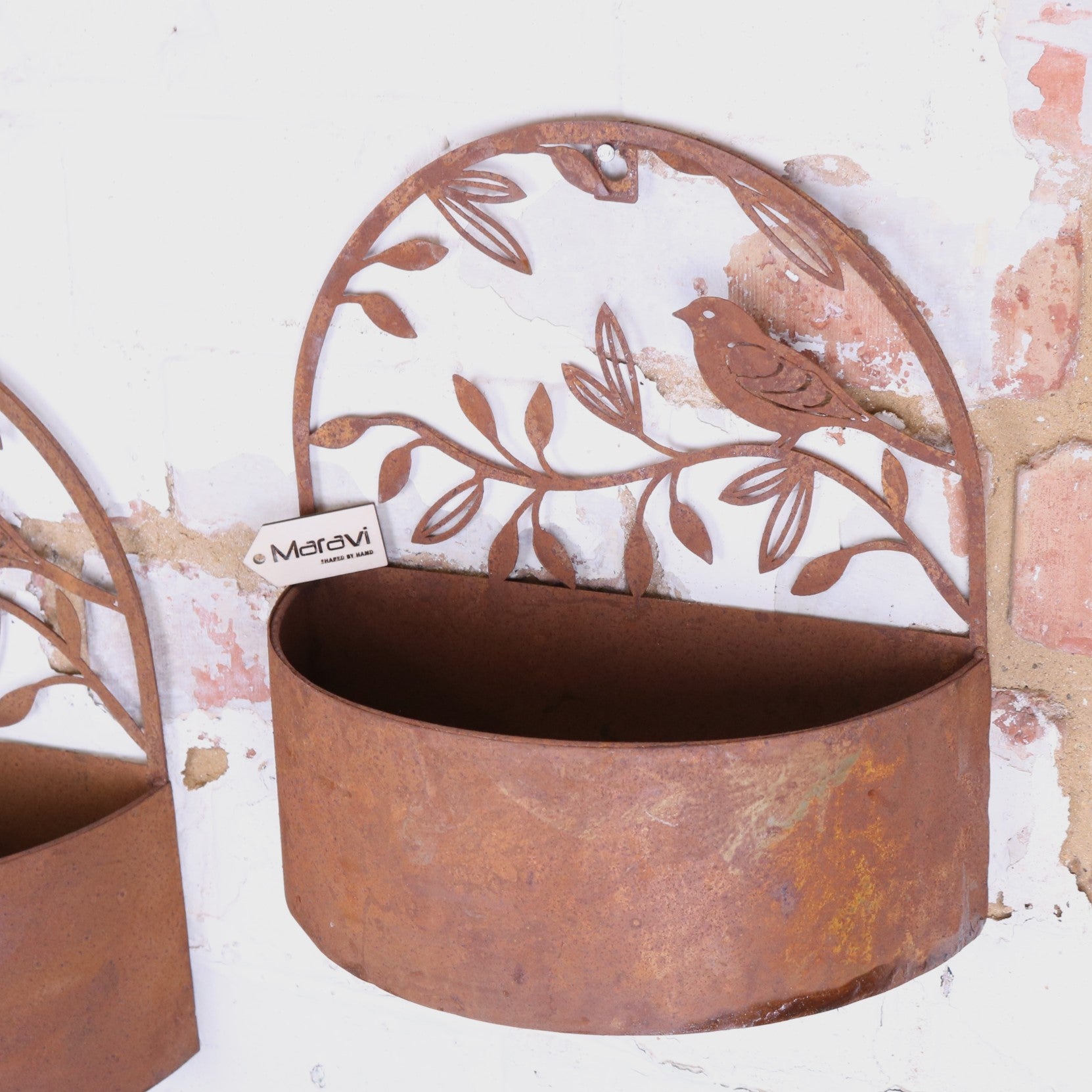 Tanu Wall Mounted Metal Planter Set Rusted Finish - Angled View Showing Inside of Planter