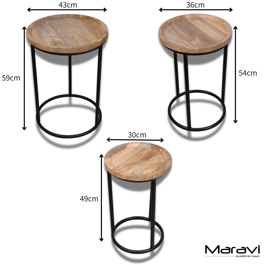Tarika Round Mango Wood Side Tables Set of 3- Dimensions