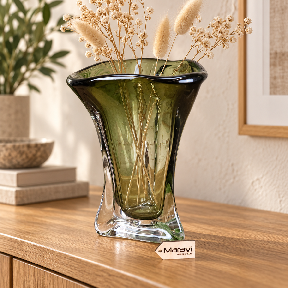 Tavira Luxury Olive Green Glass Vase - Lifestyle Image