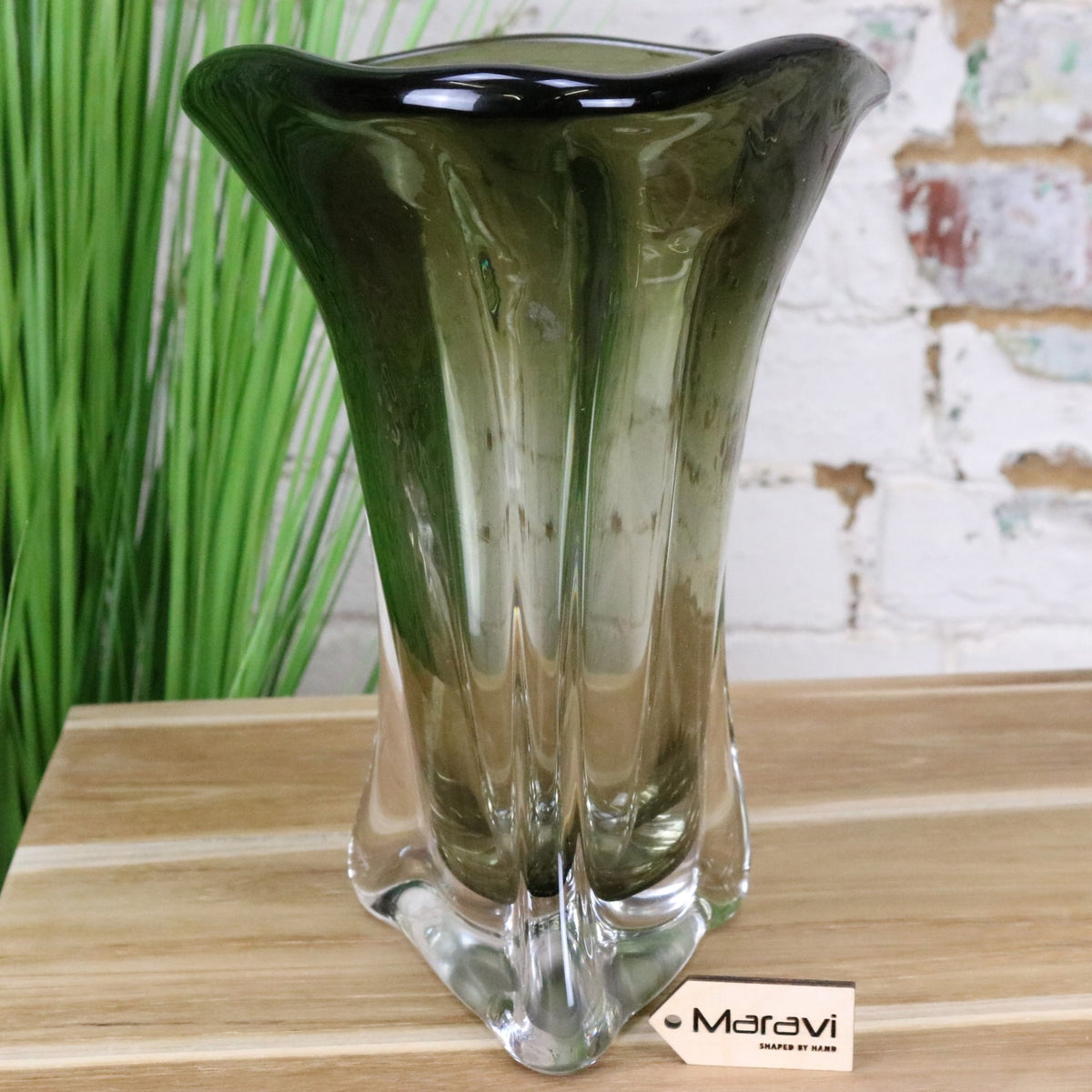Tavira Luxury Olive Green Glass Vase - Front View