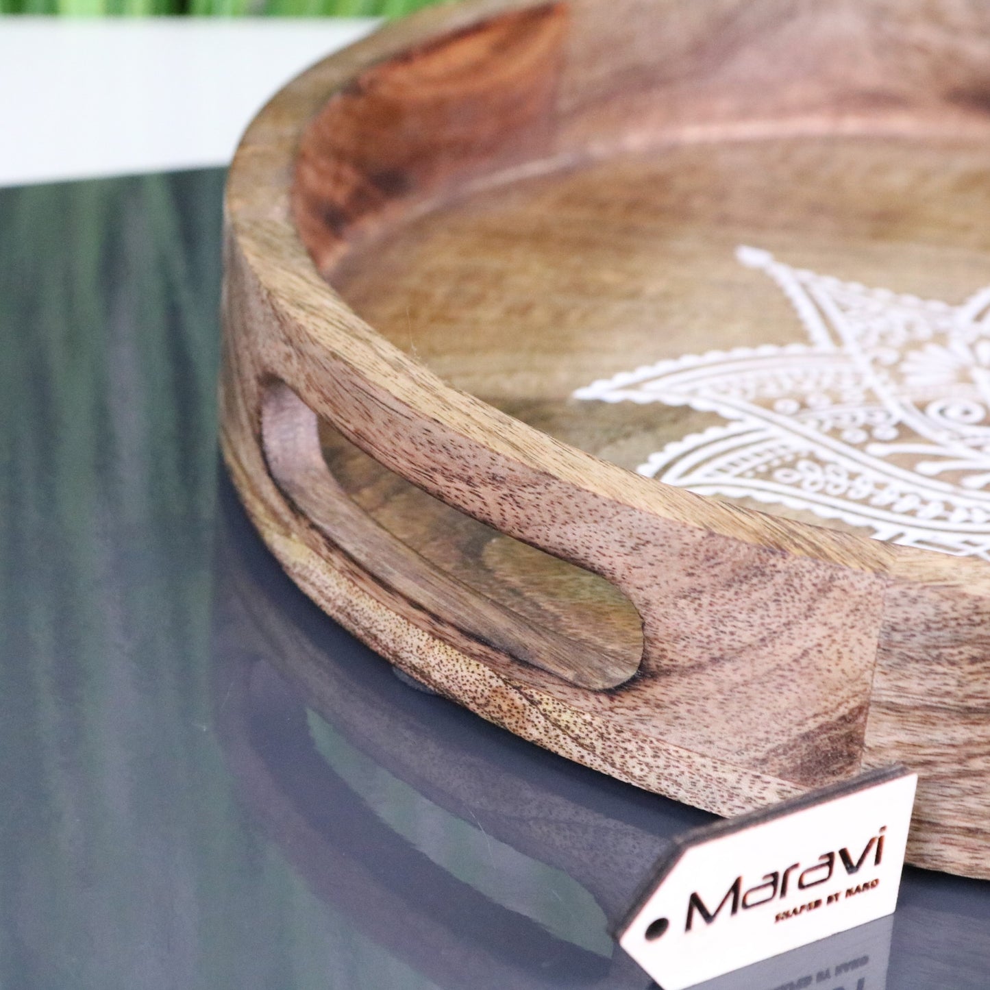 Thamara Round Mango Wood Tray - Closeup of Handle
