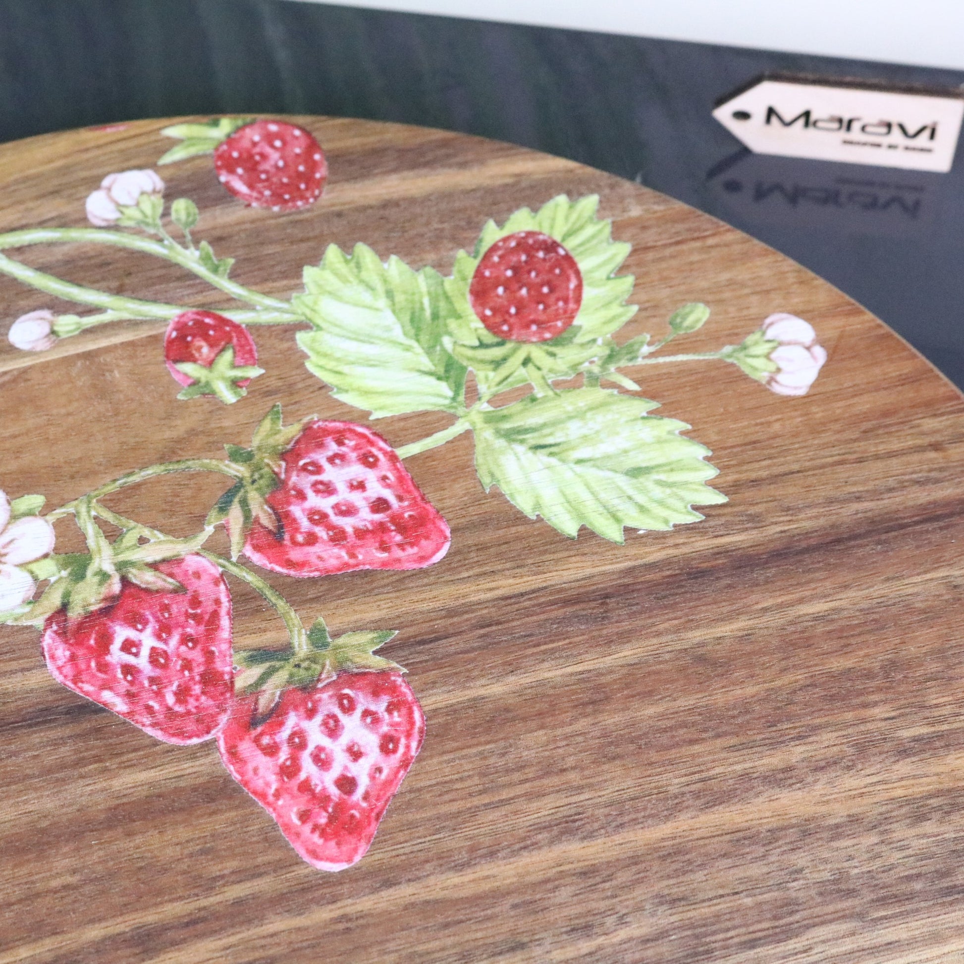 Thaniya 35cm Wooden Lazy Susan Strawberry Design - Closeup of Leaf Pattern