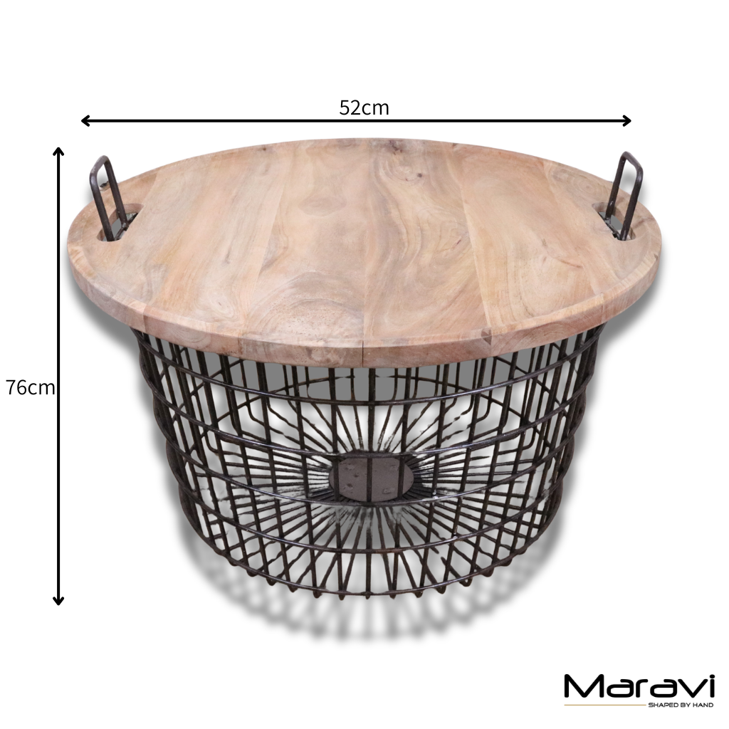 Tilpi Industrial Basket Table With Wood Lid - Dimensions