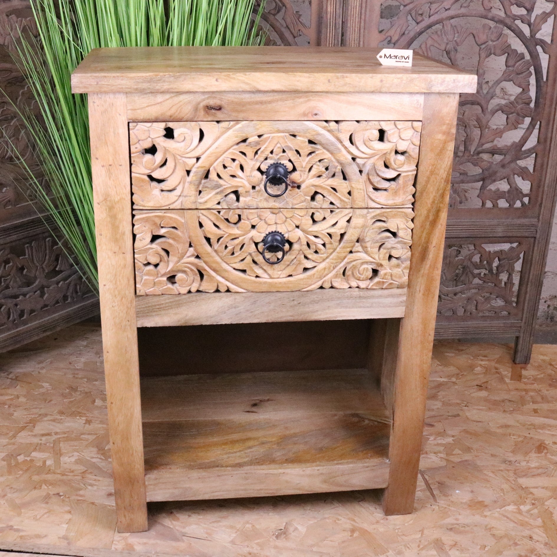 Vansura Carved Bedside Table 2 Drawer - Main Image