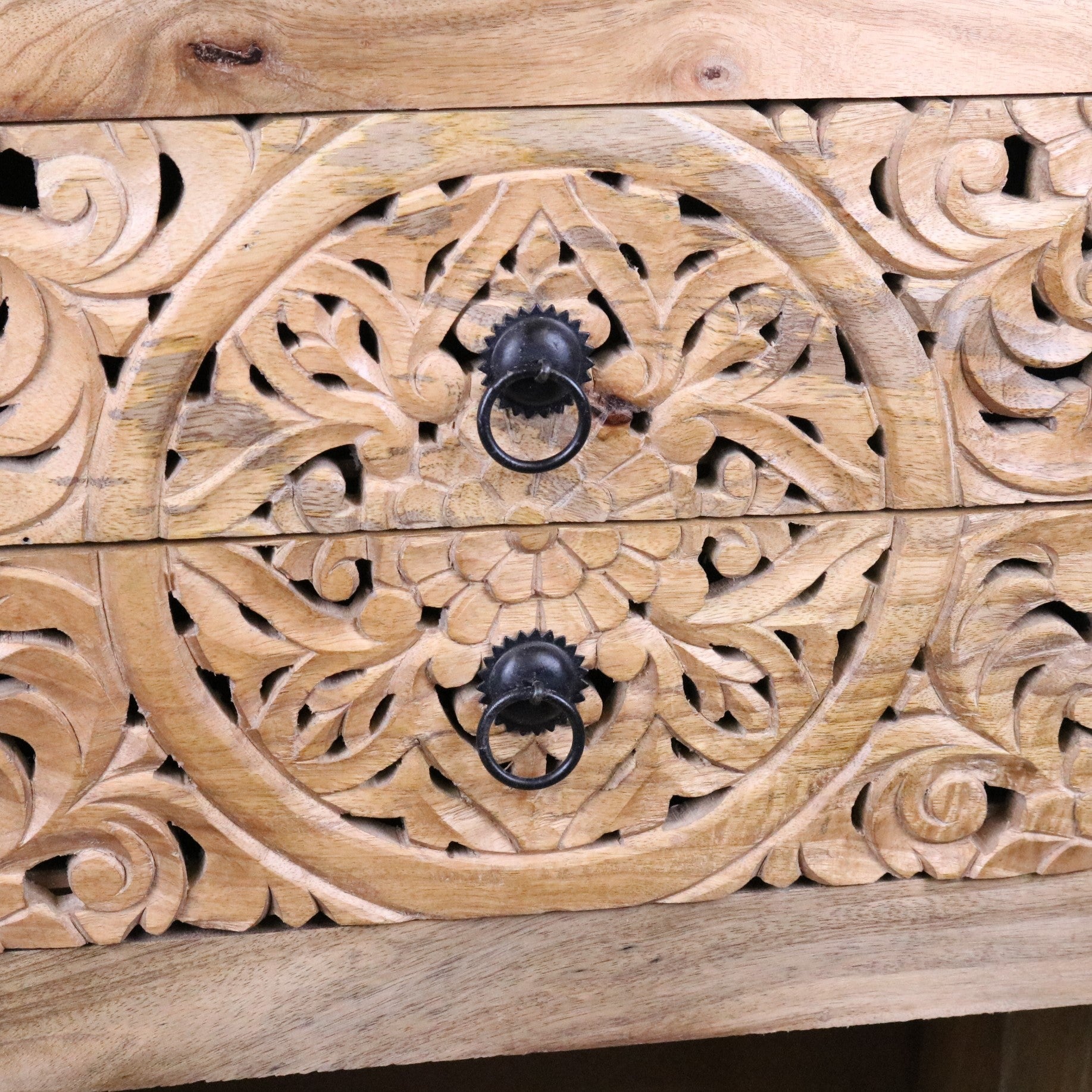 Vansura Carved Bedside Table 2 Drawer - Closeup of Drawers